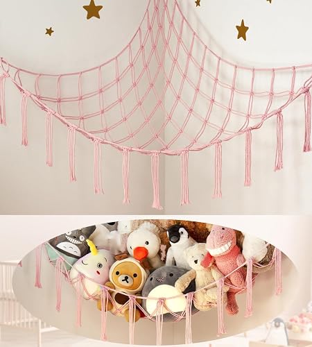 Soft Pink Macrame Corner Toy Hammock Net, Boho Style Wall Mounted Stuffed Animal Storage Organiser for Kids Bedroom