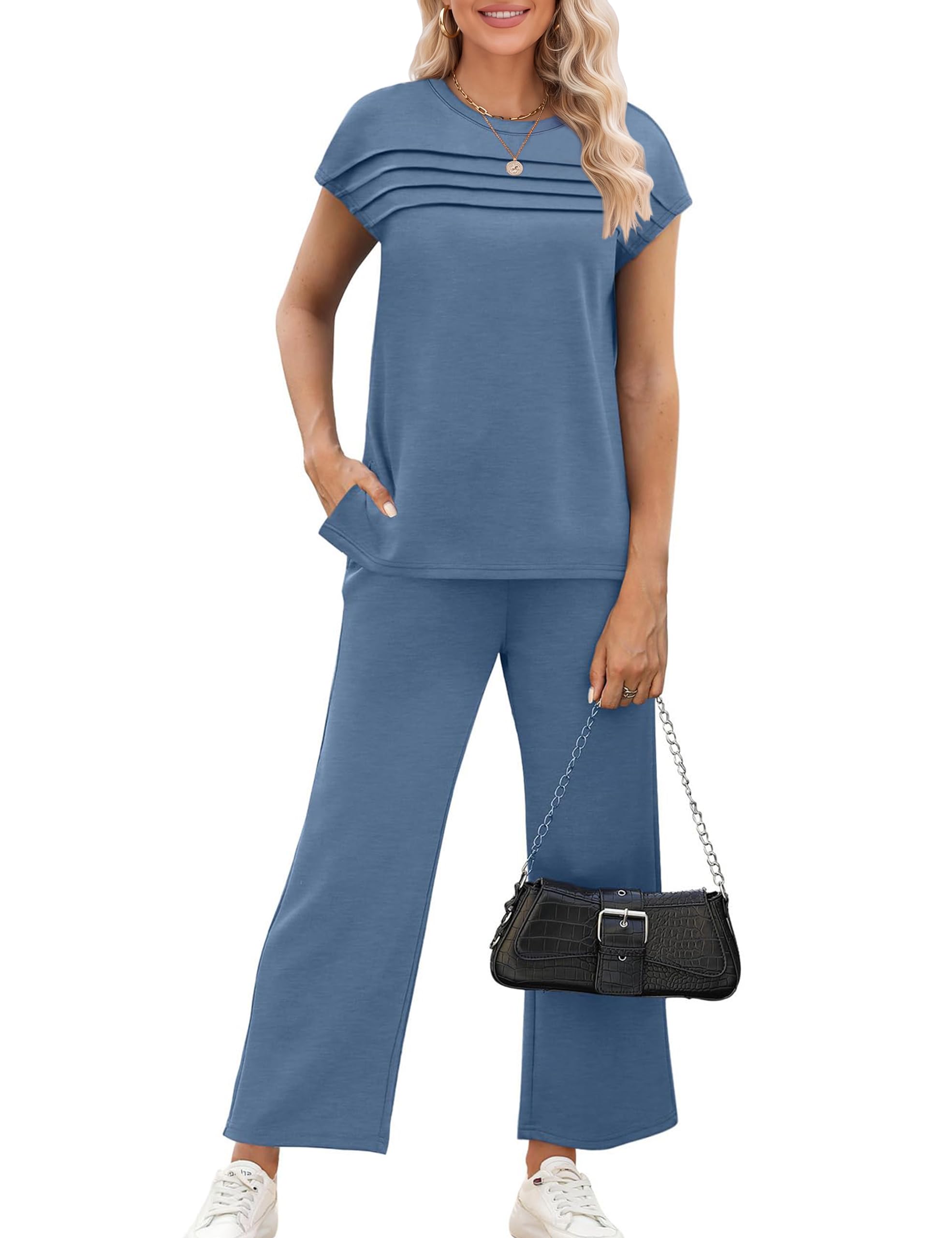 Desol Set estivo casual da donna in due pezzi, maglietta a maniche corte con arricciatura e pantaloni larghi, comoda tuta in tessuto elasticizzato per il tempo libero, l'ufficio e le vacanze