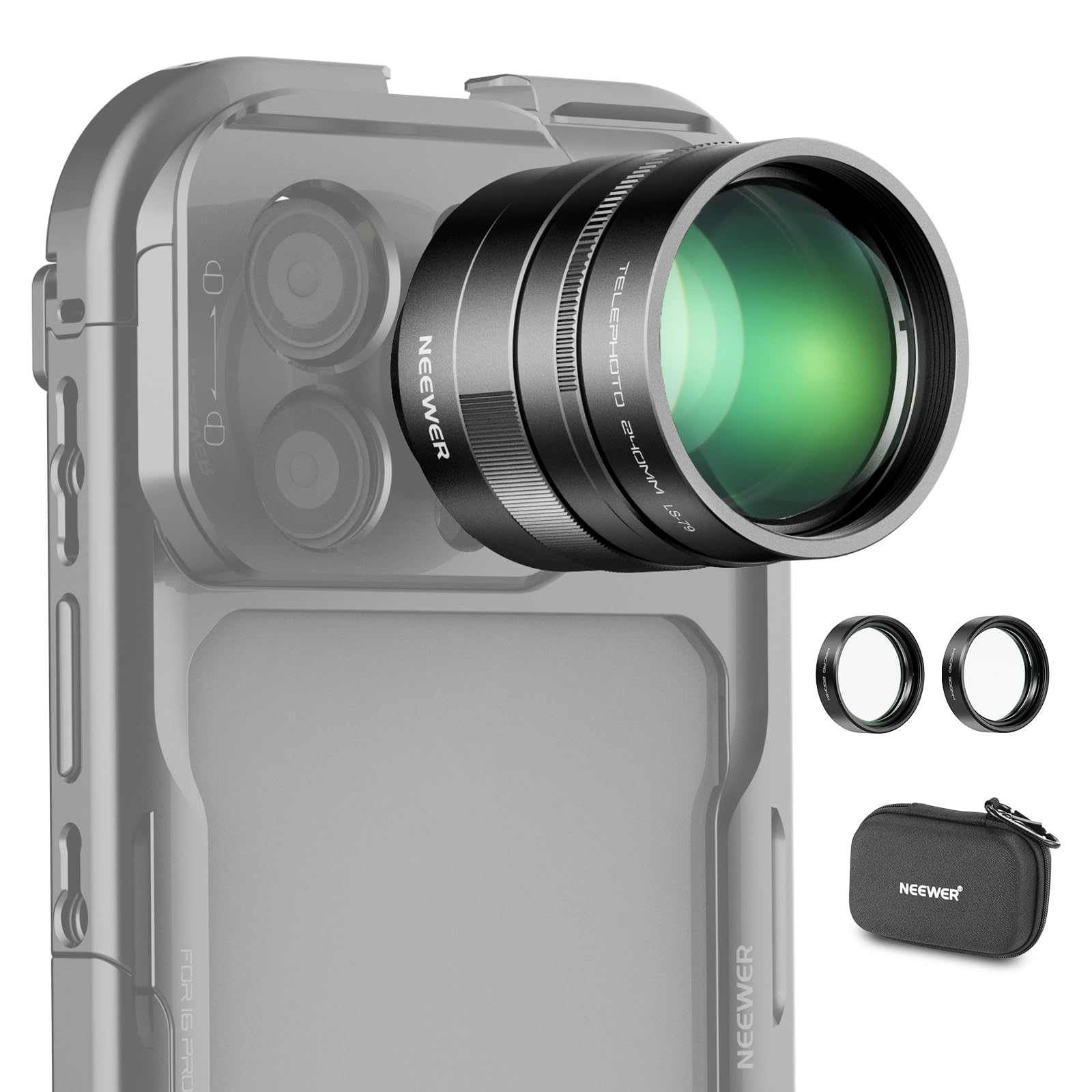 NEEWER 2X Konverter mit 200mm und 300mm Makroobjektiven nur für Handykameras Teleobjektiv, 7 Elemente in 5 Gruppen, 17mm Gewinde kompatibel mit iPhone Android Samsung Xiaomi Handykäfig/hülle, LS-79