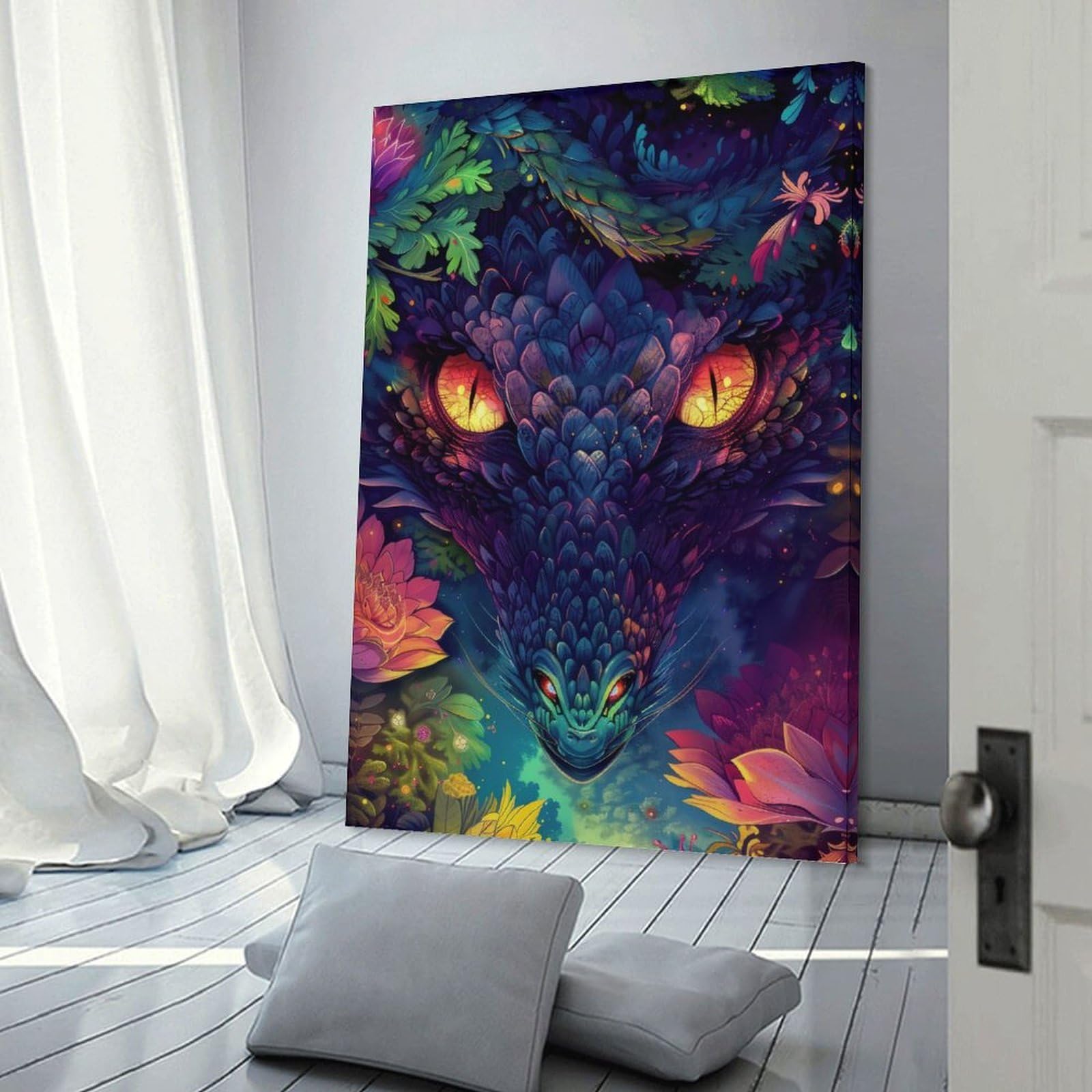 Junmoney Decorative Canvas Print Dragon in Bloom Neon Fantasy Art, 20x30inch(50x75cm), for Home Office, Desk Area Or Studio, Home Office Artwork with Decorative Appeal