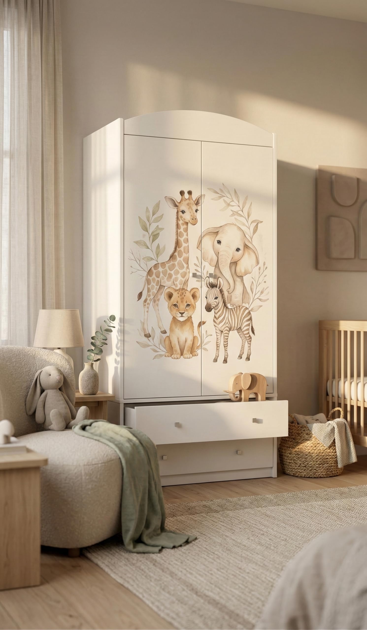 Happy Babies Armadio per bambini con motivo incantevole, 2 ante per cameretta dei bambini, con 2 cassetti, asta appendiabiti e ripiani, bianco (88 x 187 x 54 cm) (nr 170)