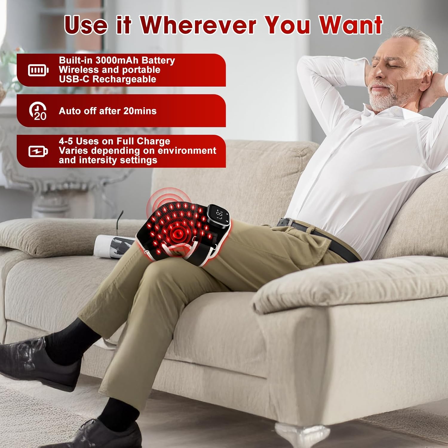 Red Light Therapy Knee Brace,Knee Massager with 5 Vibration,Wireless 660nm and 850nm Red Light Therapy Heating Device for Knee/Elbow/Joint/Shoulder Pain Relief