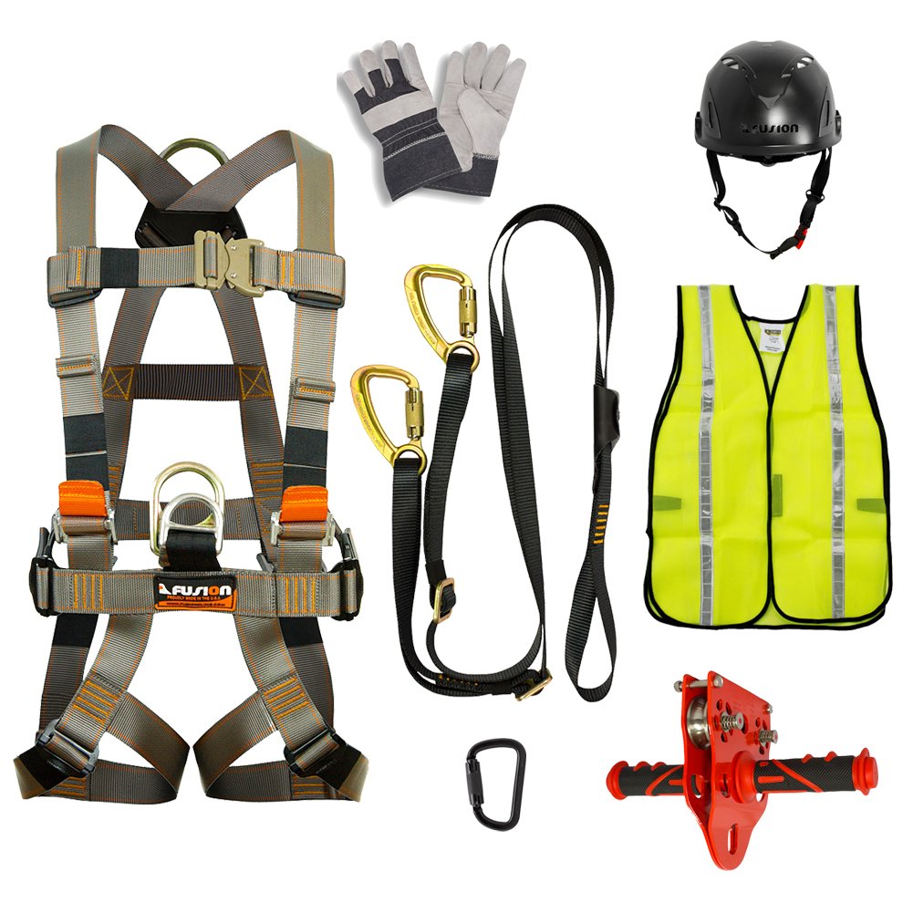 Fusion Climb Pro Backyard Zip Line Kit Harness Lanyard Trolley Carabiner Helmet Vest Glove Bundle FK-A-HLTCHVG-36, black, one size