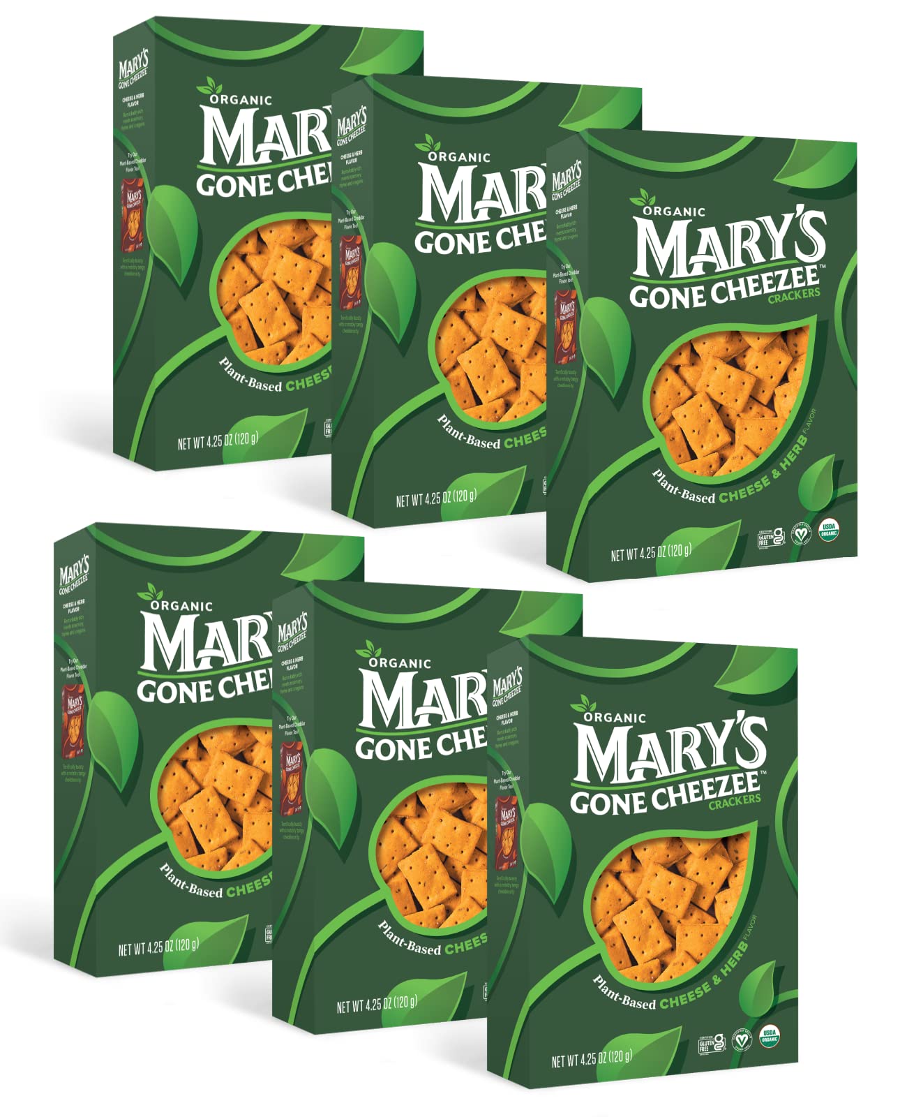 Mary's Gone CrackersCheezee Plant-Based Crackers, Cheese & Herb Flavor, Vegan, Dairy Free, Toasty and Tangy Organic Snack, Family Size 4.25 Ounce (Pack of 6)USDA Organic