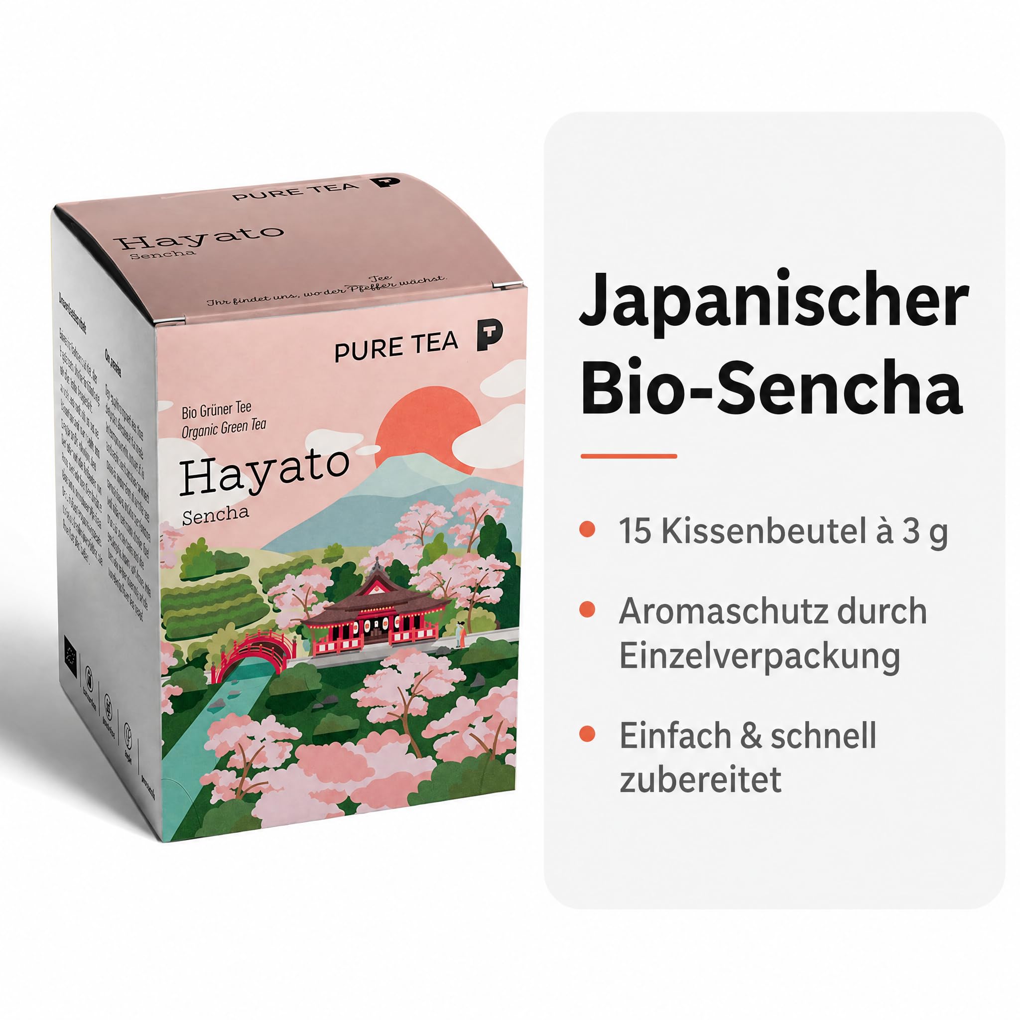 6 x Pure Tea Grüner Tee Sencha Hayato, japanischer Grüntee im Kissenbeutel, 15 Beutel à 3 g, Premiumqualität, Dispenserbox, frisch-duftiges Aroma