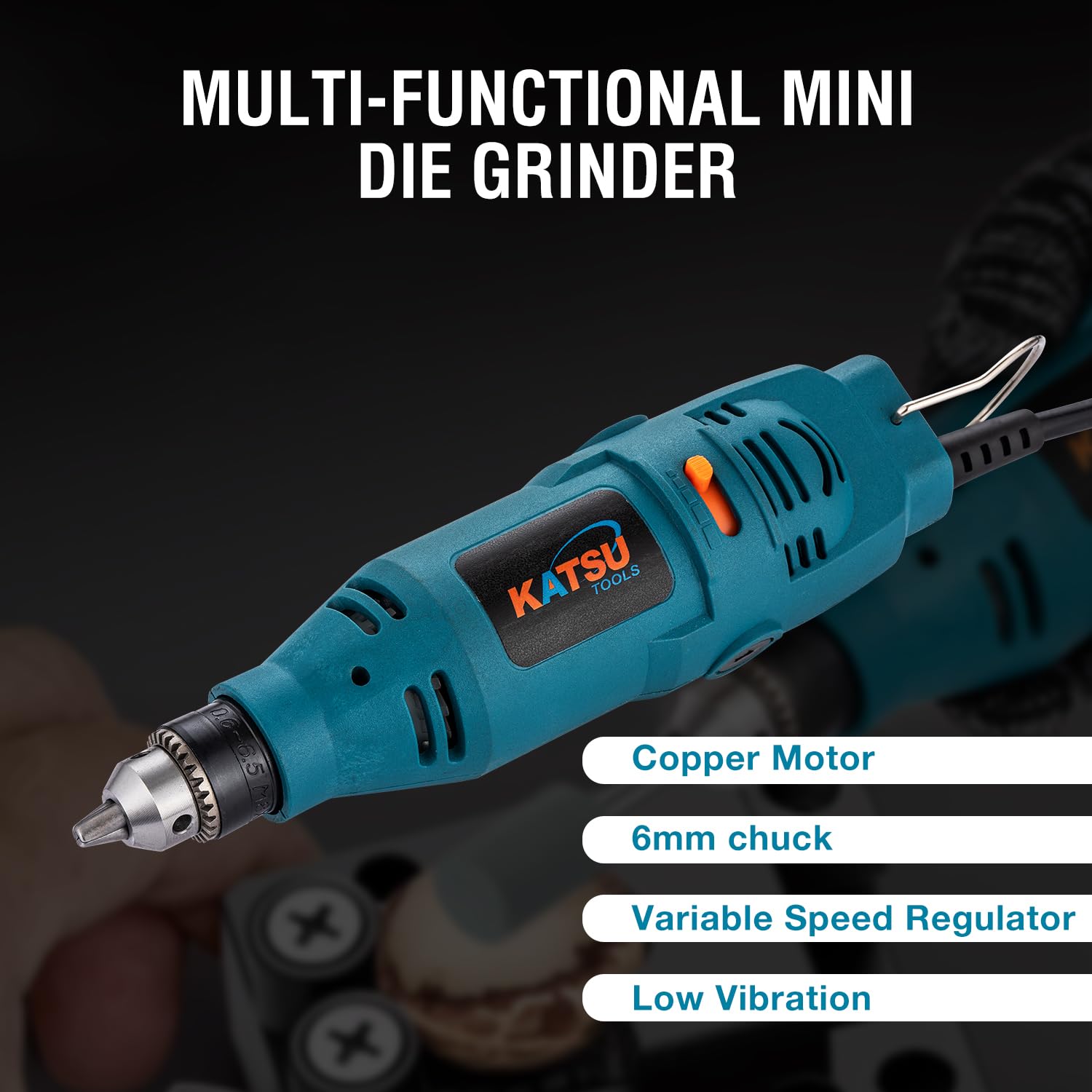 KATSU Tools Mini meuleuse électrique 130 W, meuleuse droite portative, outil rotatif à vitesse variable et mandrin de 6 mm pour polissage, gravure, sculpture, bricolage