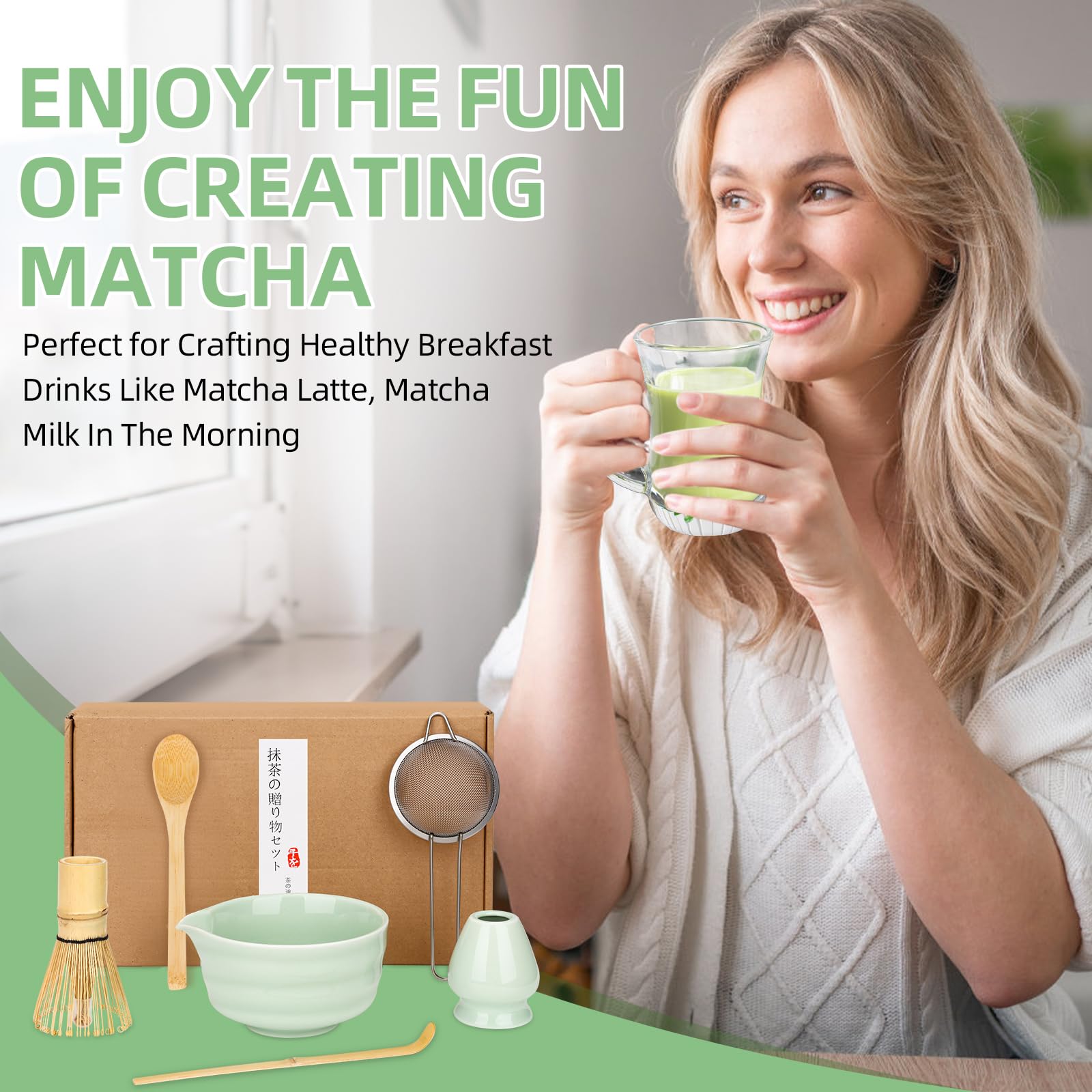 Matcha Set de 6 Piezas – Kit de Ceremonia Japonesa de Matcha con Cuenco de Matcha,Batidor de Matcha de Bambú,Soporte para Batidor,Colador, Cuchara y Pala – Set de Regalo para Amantes del Matcha