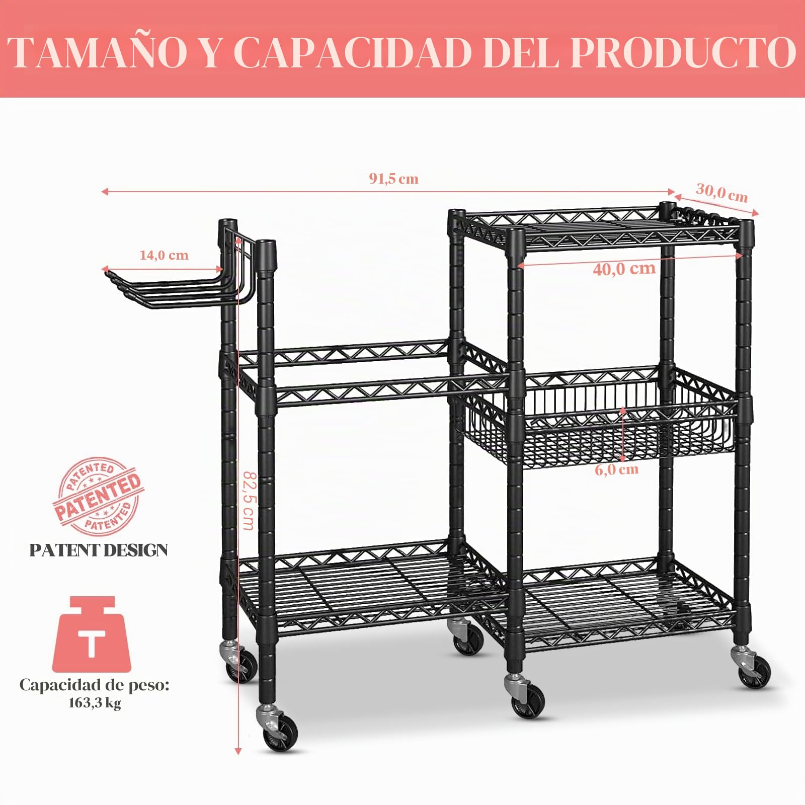 Estantería Fitness de 3 Niveles con Ruedas Bloqueables y Ganchos – Organizador de Acero al Carbono para Mancuernas, Esterillas de Yoga y Bandas de Resistencia, Capacidad 120 KG