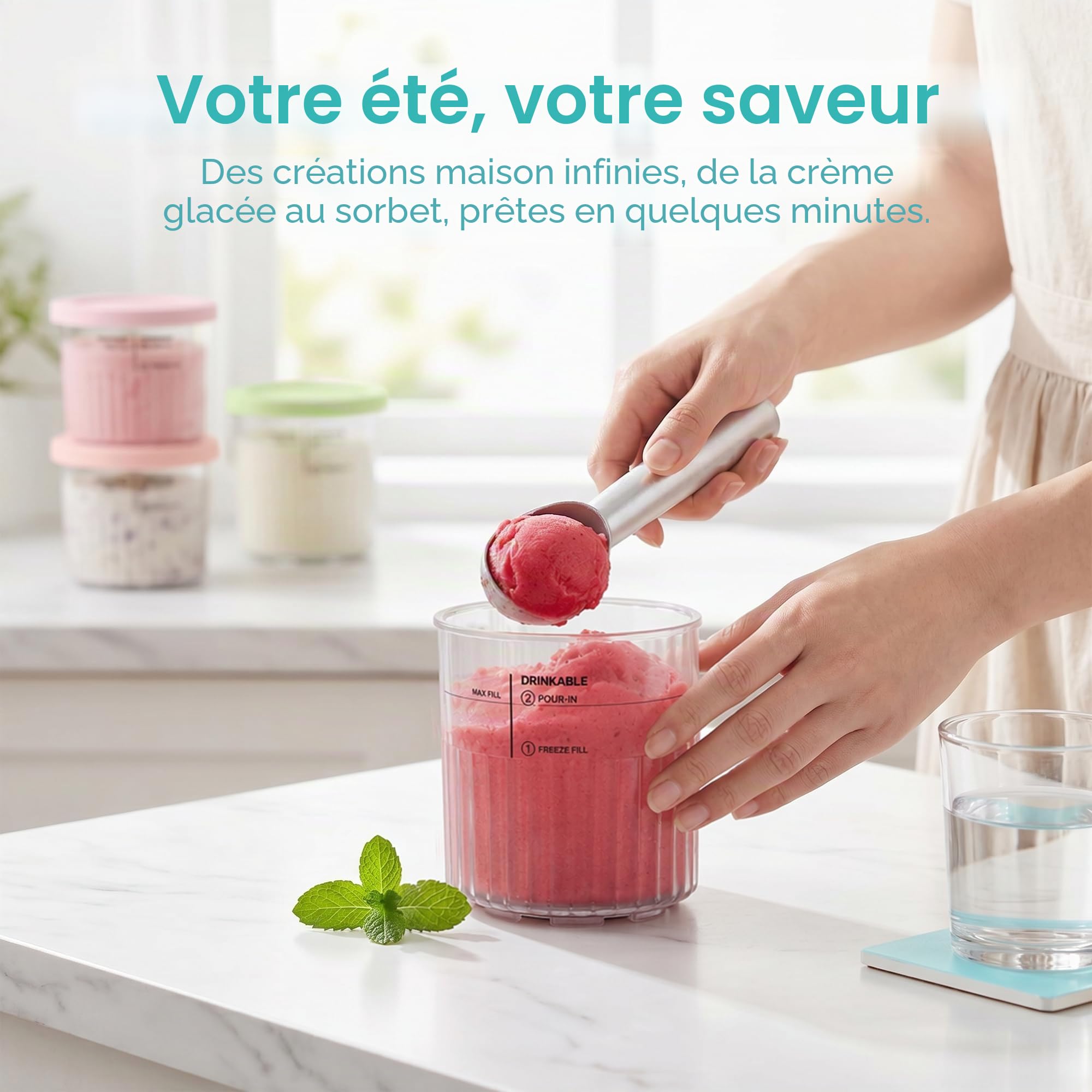 Set de 4 récipients pour Ninja CREAMi Deluxe, pintes de crème glacée de 24oz avec couvercles colorés, incluant 4 mini-cuillères et cuillère à glace en acier inoxydable, accessoire sans BPA et lavable