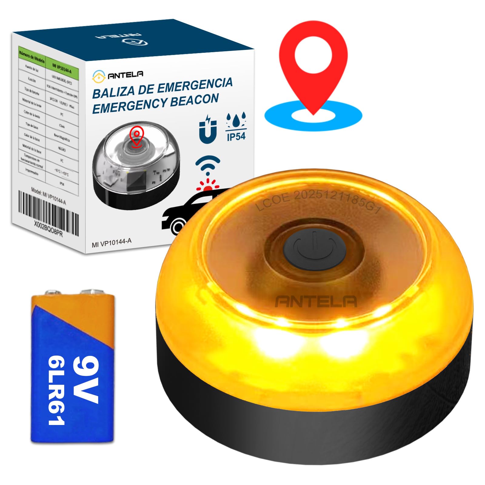 ANTELA V16 Luz Emergencia Homologado DGT Baliza,con Geolococation 3.0 Luz de Emergencía,Tarjetas SIM Datos Incluidos hasta 12/2038,Baliza V16 geolocalizada,Base Magnética, 1pc
