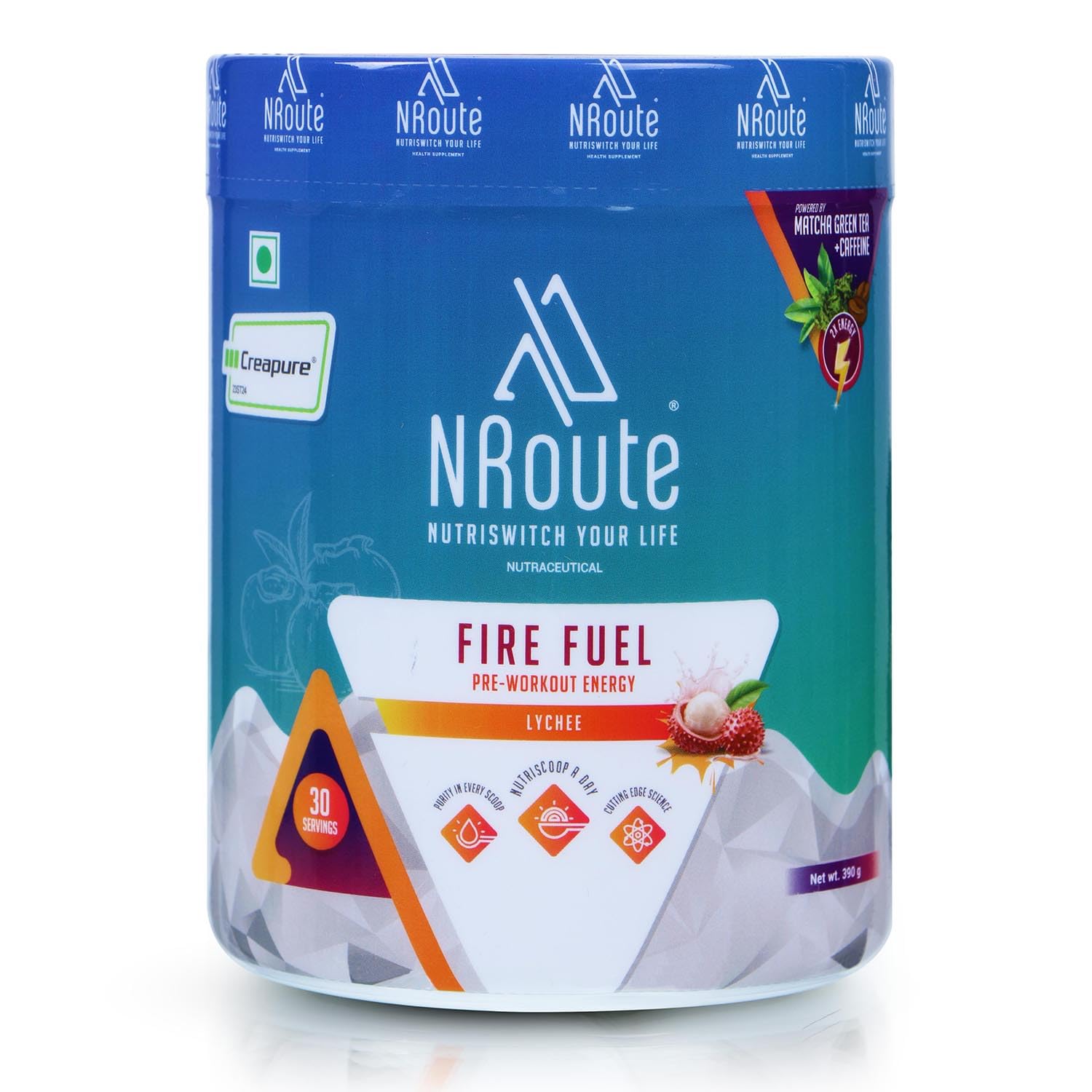 NRoute Firefuel Preworkout Energy Powder with Beta Alanin Caffeine L-Citrulline L-Arginine Creapure Electrolyte Blend & Matcha Green Tea Extract for Strength & Workout Performance Lychee 390gm-image-43