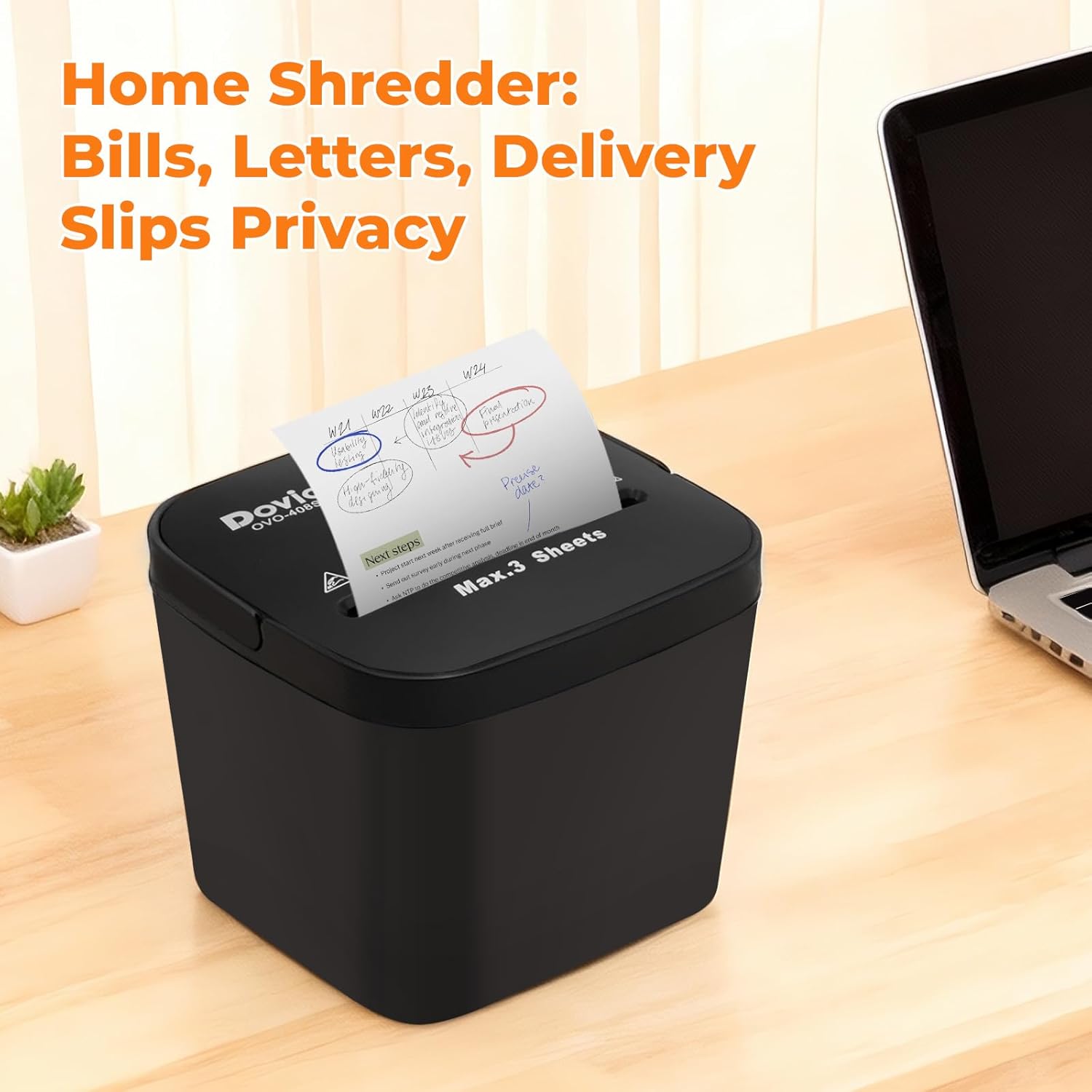OVO-408S 4x28mm Cross Cut Mini Paper Shredder for Home Office, Auto Start/Stop, 3-Sheet Capacity, Quiet <65dB with 4L Bin & Motor Reverse