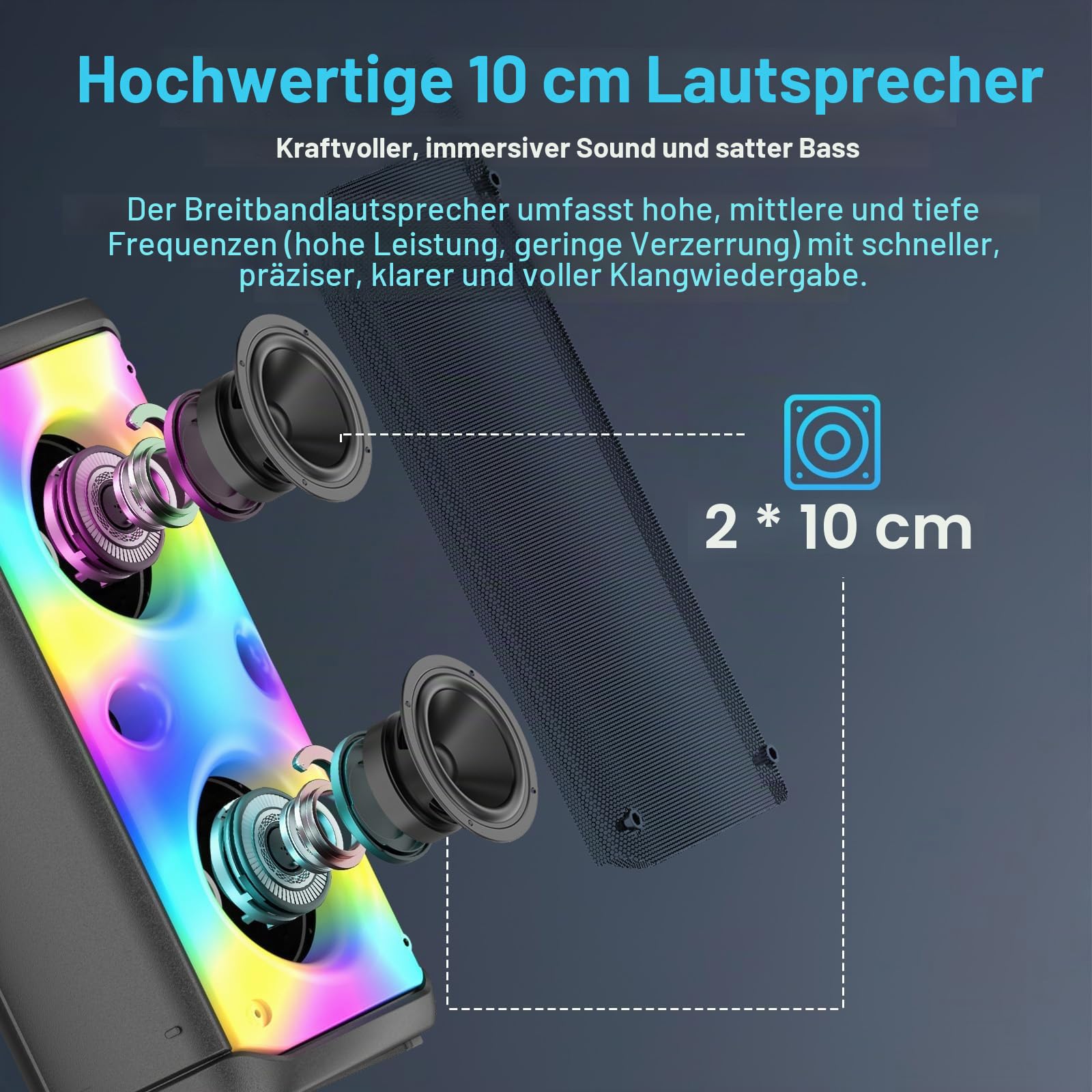 Bluetooth-Lautsprecher, kabellos, 80 W Spitze, kabellos, TWS, tragbare Outdoor-Party-Lautsprecher mit Subwoofer, tiefer Bass, 6 bunte LED-Lichter, lauter Stereo-Sound, Boombox für Party, Zuhause