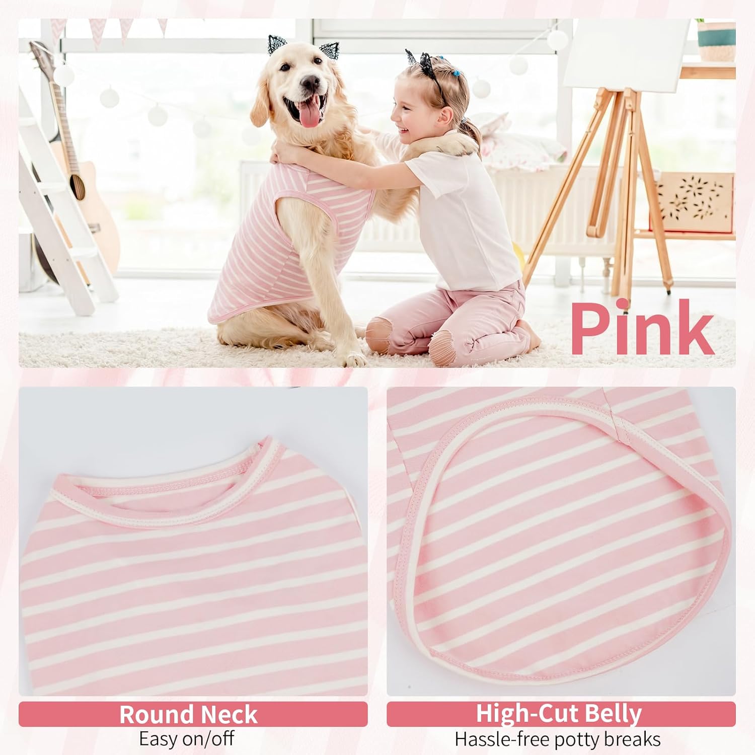 Lelepet 2 Pack Dog Shirts for Small Medium Large Dogs, Soft Cotton Dog T-Shirt Clothes, Striped Pet Sleeveless Vest Tank Top for Dogs Boys Girls, Lightweight Puppy Outfit Pet Sweatshirt, Pink 2XL