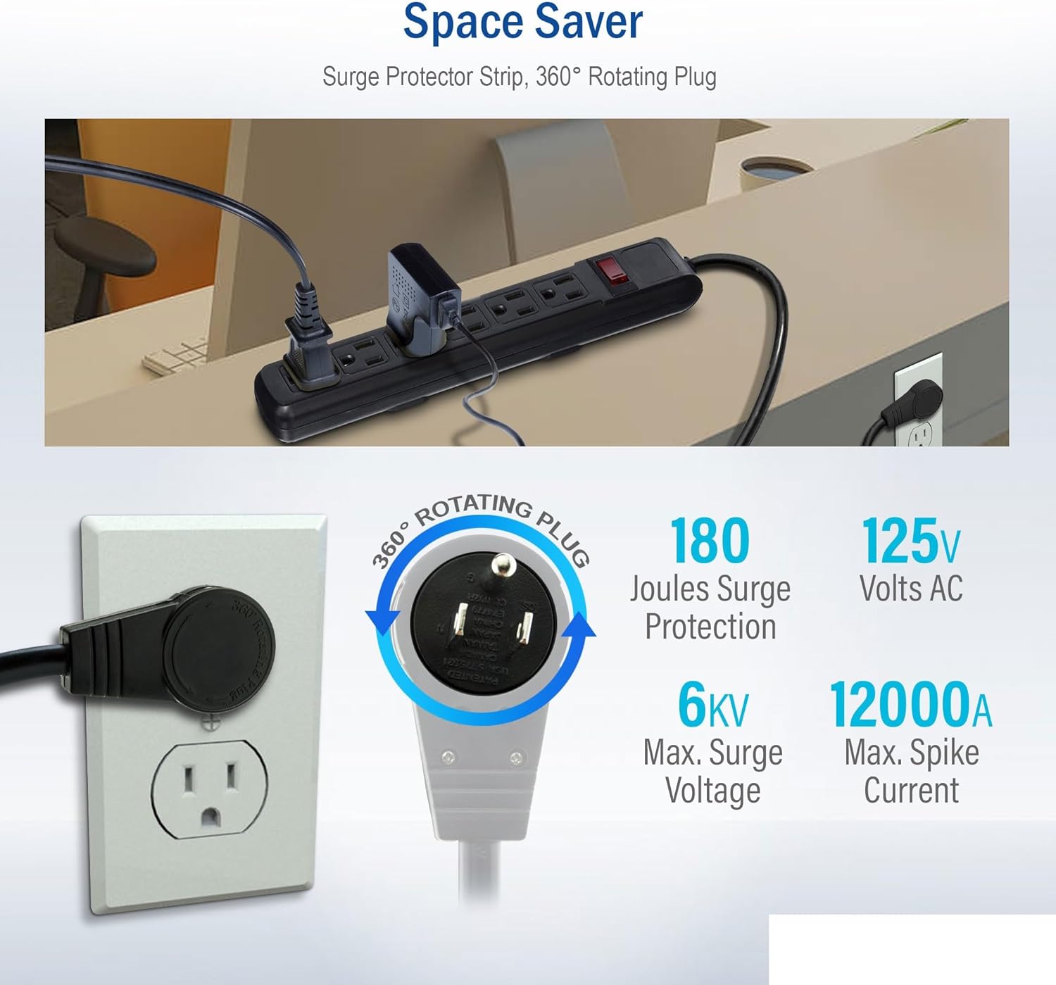 QUALCONNECT Surge Protector, Flat Rotating Plug, 6 Outlet, Black Horizontal Outlets, Plastic, Power Cord 4 ft