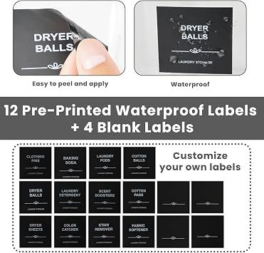 4 Pack Laundry Pods Container & Dryer Sheet Holder - Clear Plastic Laundry Room Organization Storage Containers with Black Lids, Scoops & Labels for Detergent Pods, Powder, Washing Beads