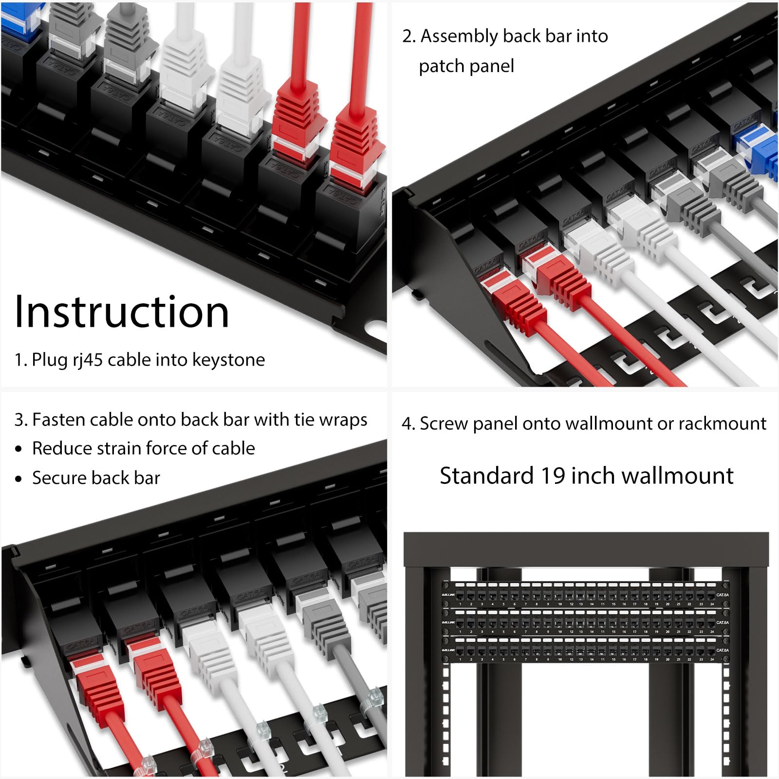 iwillink Pannello patch Cat6A da 10 Gbps a 24 porte, Keystone Patch Panel UTP da 48 cm con barra posteriore, montaggio a parete o montaggio a rack, compatibile con cablaggio Cat5, Cat5e, Cat6, Cat6A