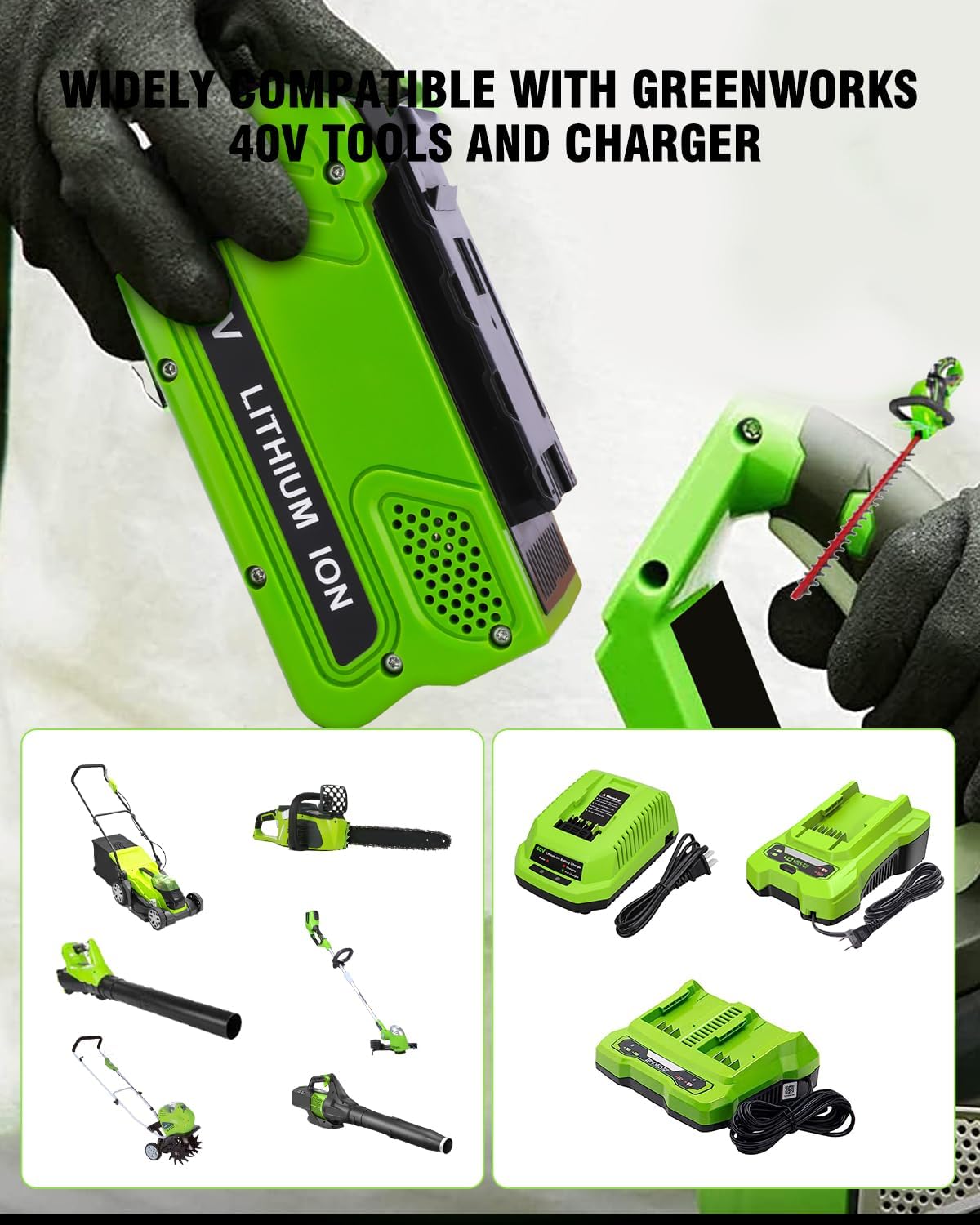 2Pack 40V 6.0Ah Lithium ion Battery Replacement for Greenworks 40V and 29482 Charger Compatible with Greenworks 40 Volt Power Tools 29252 20202 22262 25312 20642 22272