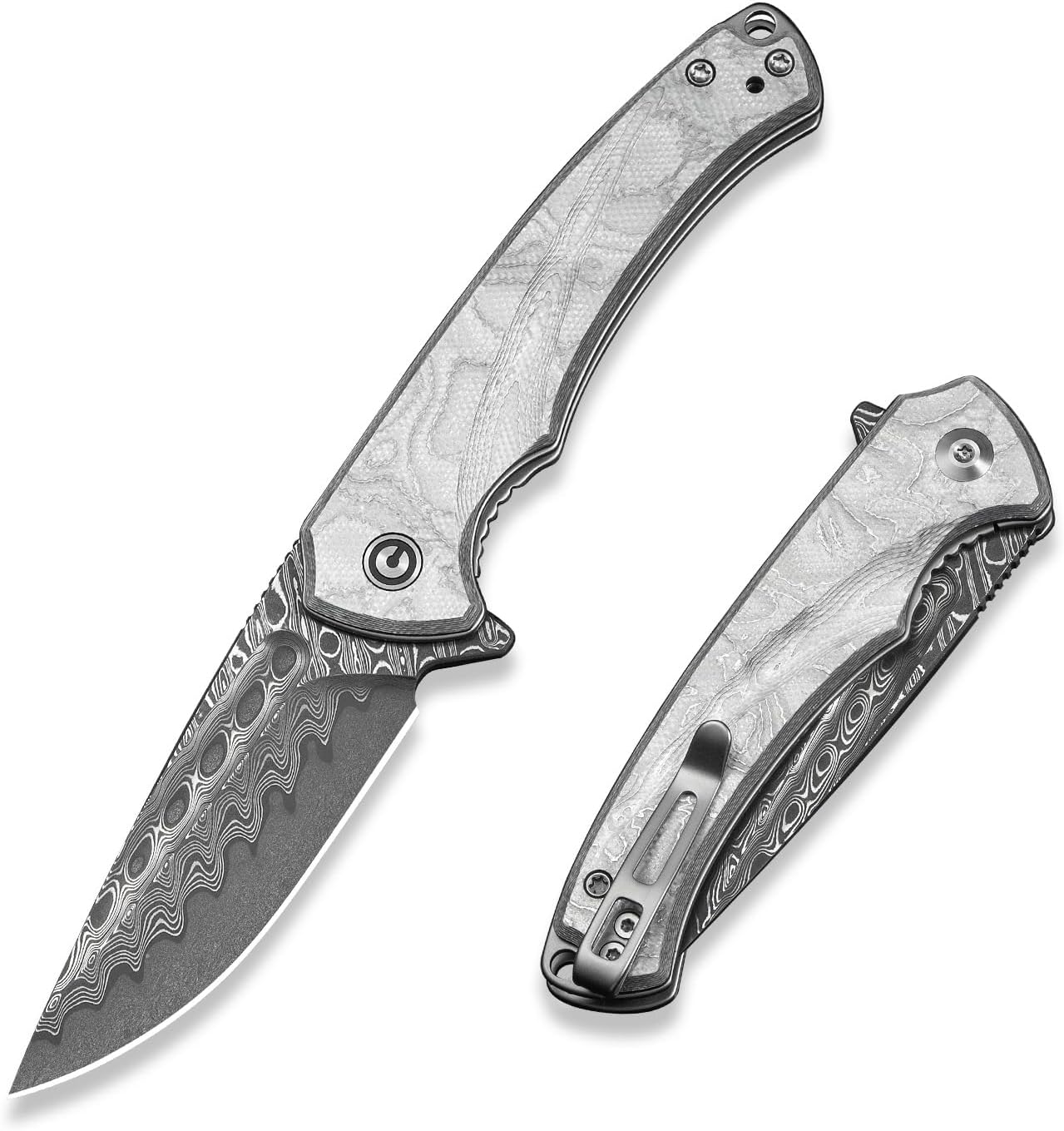 CIVIVI Voidflare EDC Pocket Knife, 2.92" Damascus Blade G10 with Aluminum Foil Handle, Reversible Deep-carry Clip for Camping Hiking C24040-DS1