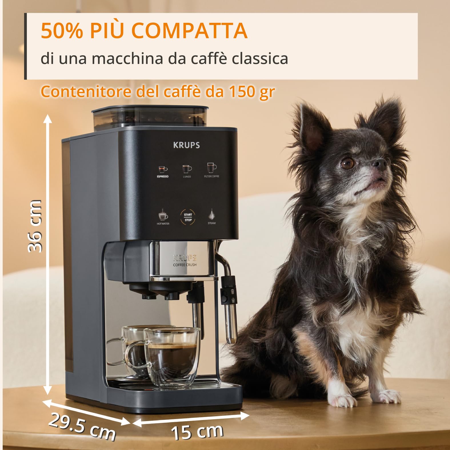 KRUPS Coffee Crush Edition, Macchina per Caffè Automatica, Design Compatto, Caffè espresso, Caffè Filtro, Lancia per Latte, SA404BE1