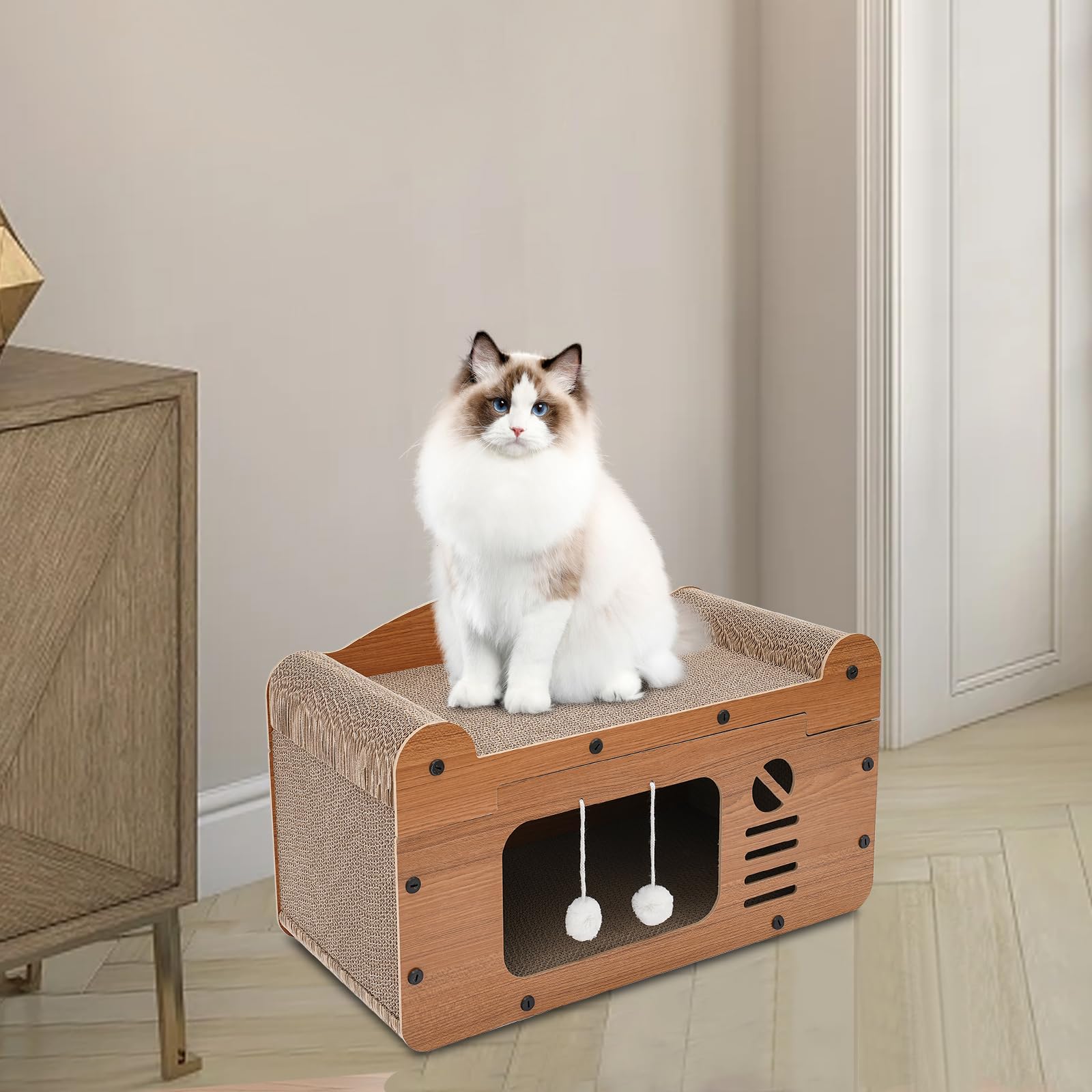 Tiragraffi per gatti, cuccia per gatti con tiragraffi, letto per gatti a 2 piani con palla da gioco, casetta per gatti in cartone, tiragraffi per gatti, giocattolo durevole per gatti, 56 x 30 x 32 cm