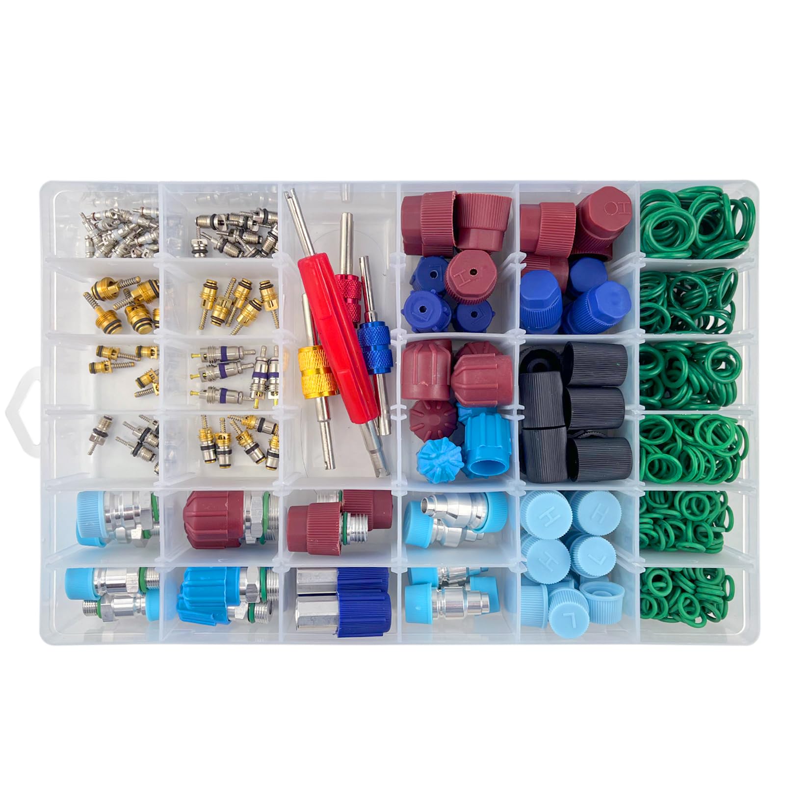 Kit de 604 piezas de núcleo de válvula de aire acondicionado R134a y tapón antipolvo para coche, caja de herramientas de mantenimiento del sistema de aire acondicionado, junta tórica, válvula
