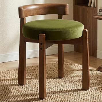DUOMAY Velvet Vanity Stool with Low Back, Upholstered Round Makeup Stool, Cute Solid Wood Legs Footrest Ottoman for Bedroom, Dressing Table, Living Room Green
