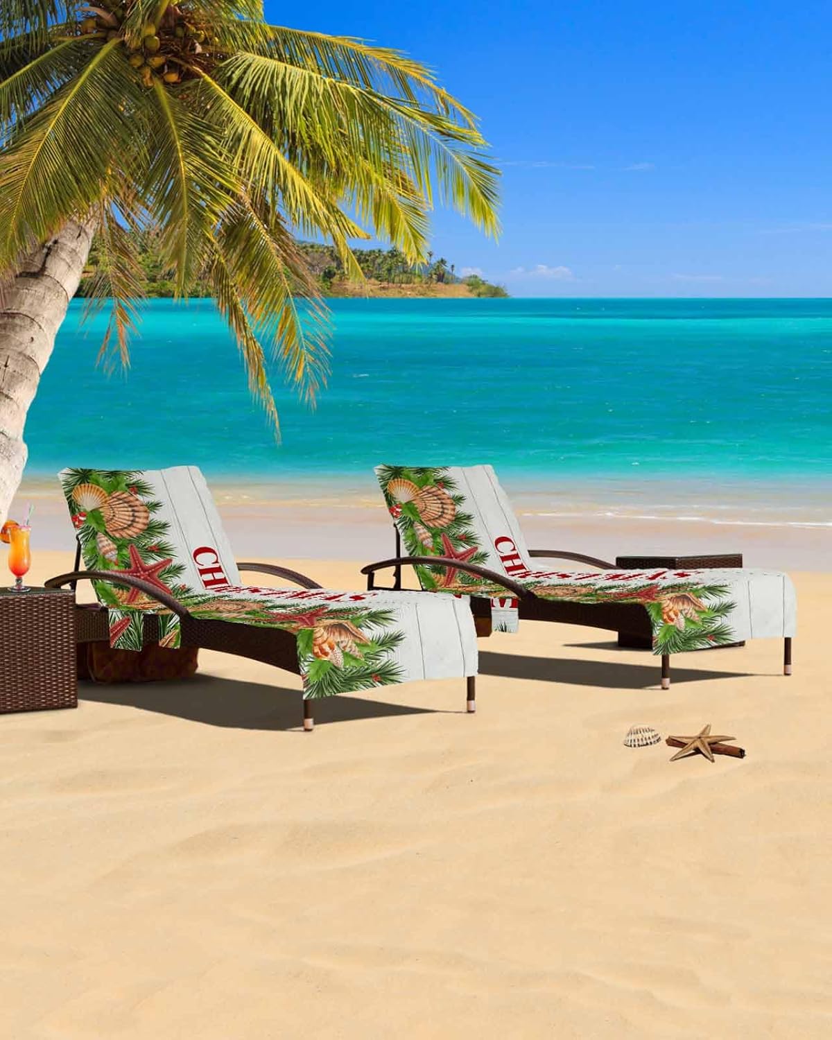 Christmas Beach Pool Patio Lounge Chaise Chair Cover Towel With Pockets,Absorbent & Quick Dry Microfiber Towel Cover Bag Summer Accessories for Sunbathing Vintage Wood Grain Pine Needle Shell Starfish