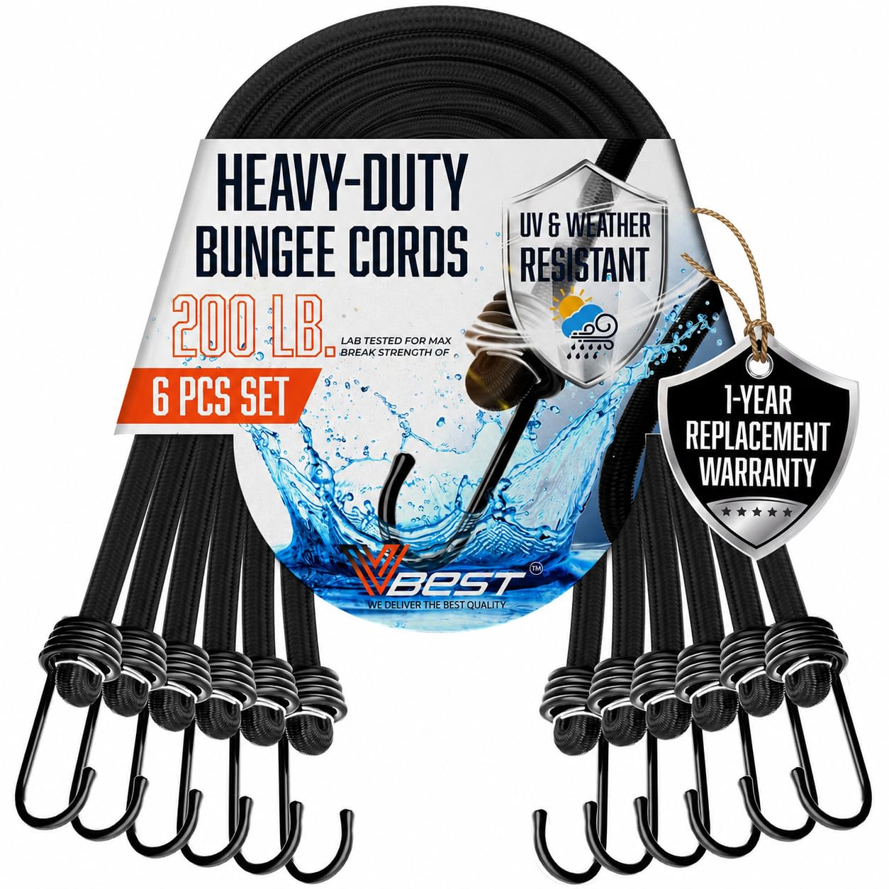 Set di 6 elastici resistenti con ganci, 91,4 cm, colore: nero