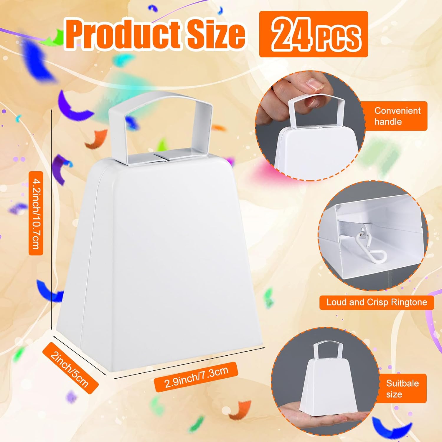 Boao 24 Pack Metal Cowbells with Handle 4 Inch Cow Bells Noise Makers Hand Percussion Cowbells Loud Cheering Bells for Sporting Events Football Games Weddings School Celebrations Party(White)
