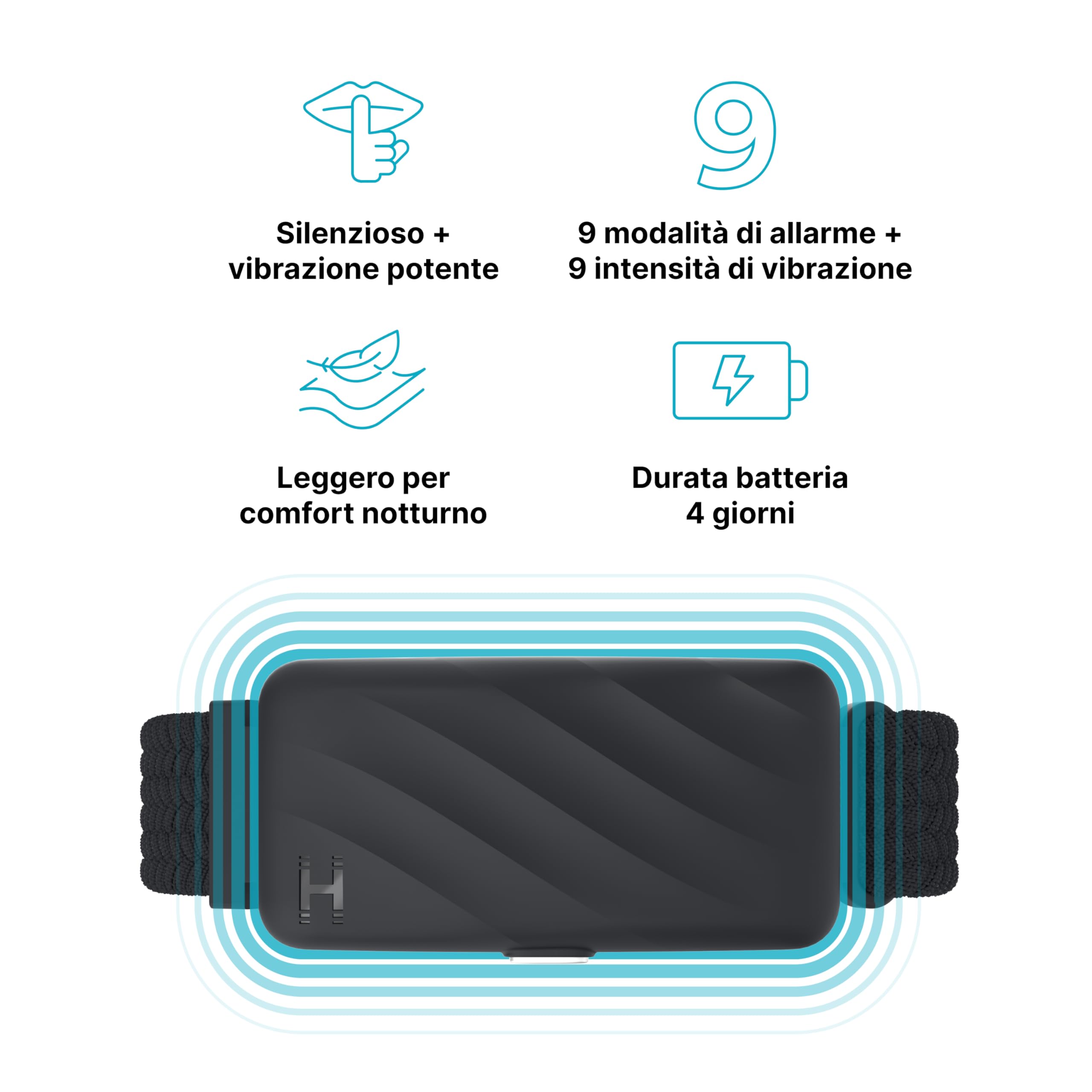 Homedics WakeBand Braccialetto con Allarme Vibrante - Sveglia silenziosa con 9 Modalità e Funzione Snooze, Controllo dell'app, Sveglia con Vibrazione Delicata, Fascia in Tessuto Morbido, Nero