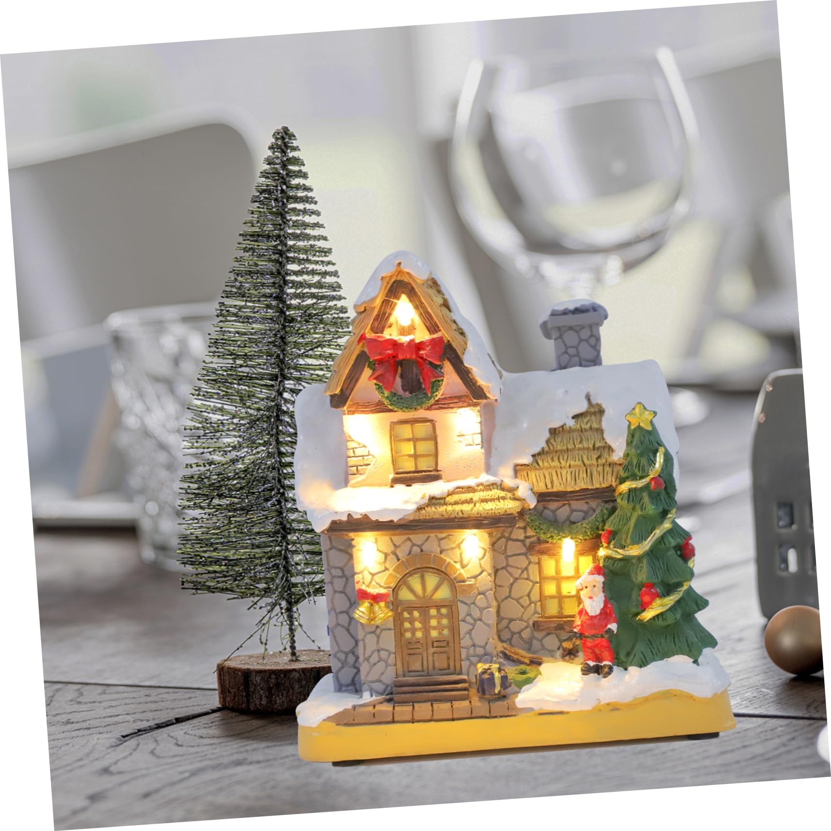 Casa Luminosa De Resina con Muñeco De Decoración Navideña De Escritorio con Iluminación Led para Ambiente Festivo