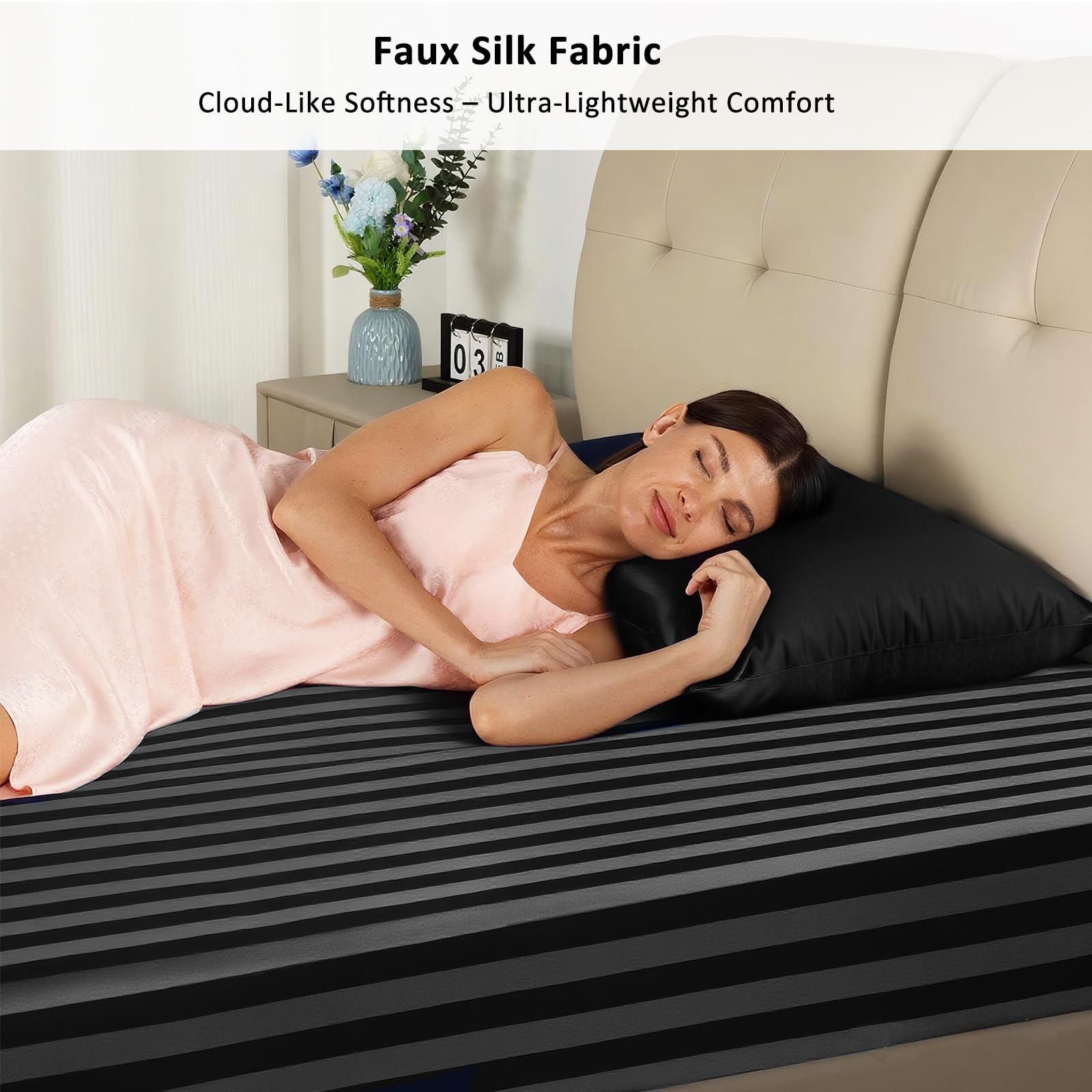 Lirex Satin Fitted Sheet, Silky & Soft Polyester Satin Weave Bed Sheets, 36 cm Deep Pocket with Elastic Corner Straps, King - Image 2