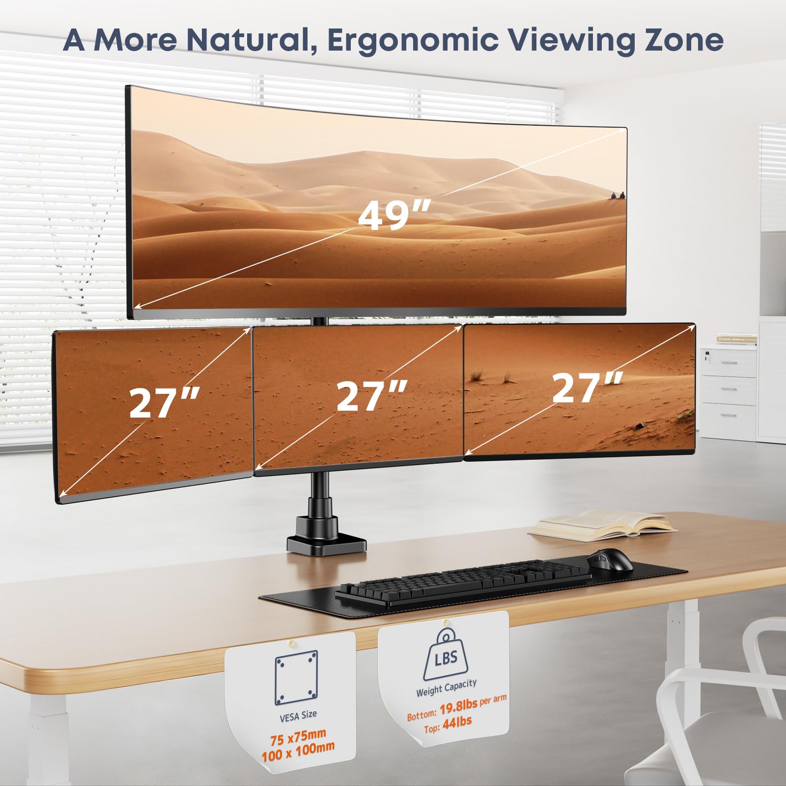 Supporto per Monitor 4 Schermi fino a 49 Pollici Ultra-Wide & 3x 27 Pollici su Bracci Inferiori, Regolabile in Altezza, VESA 75/100, Nero