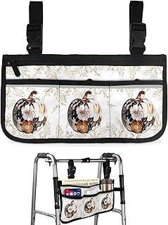 Luxurious Pumpkins,Wheelchair Side Bag,Wheelchair Walker Armrest Bags with Cup Holder & Reflective Stripes,Mobility Scooter Walker Rollator Wheelchair Fall Thanksgiving Modern Abstract Gold Leaves