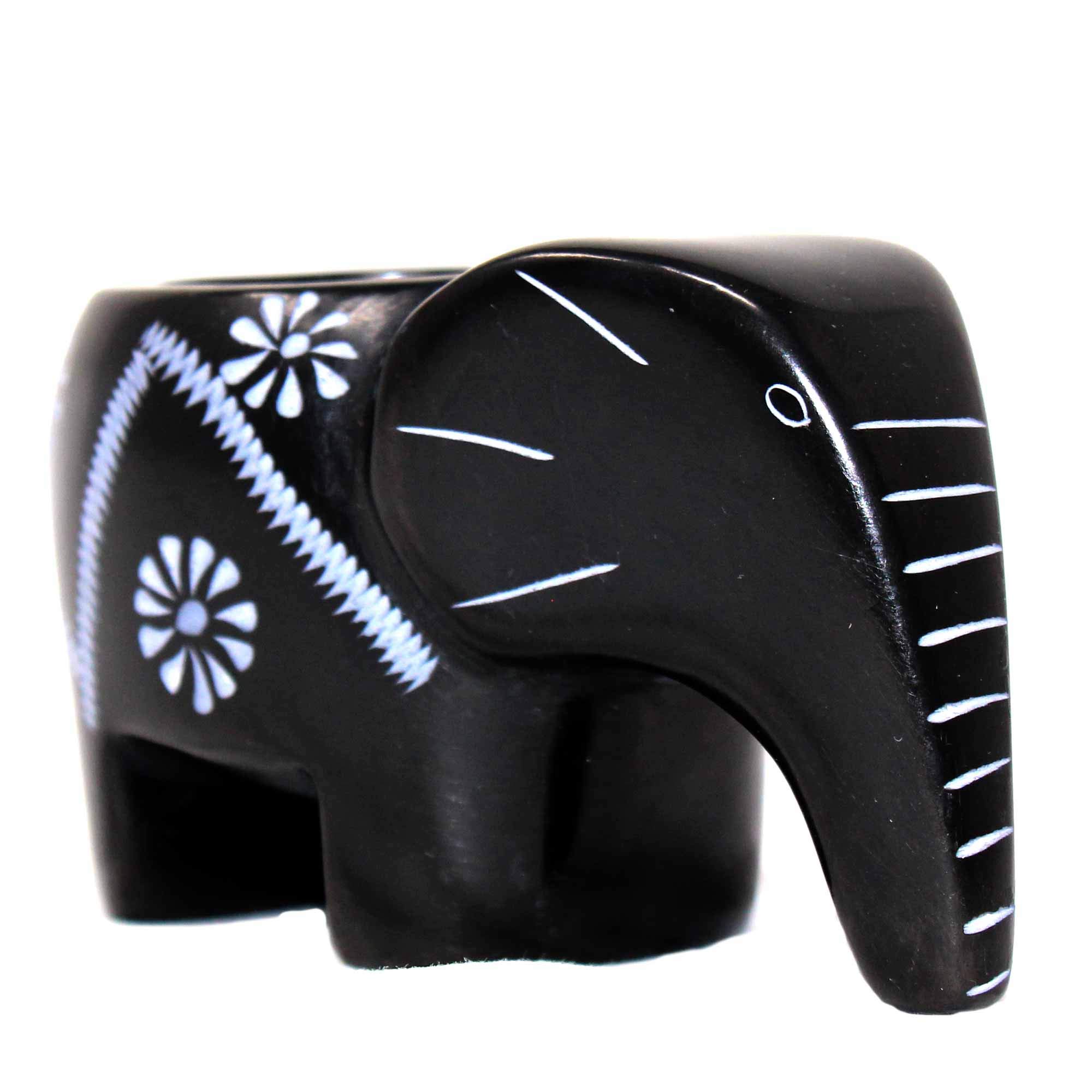 Global Crafts Handmade Elephant Soapstone Tealight Sculpture, Made in Kenya (KSAETL-BK)