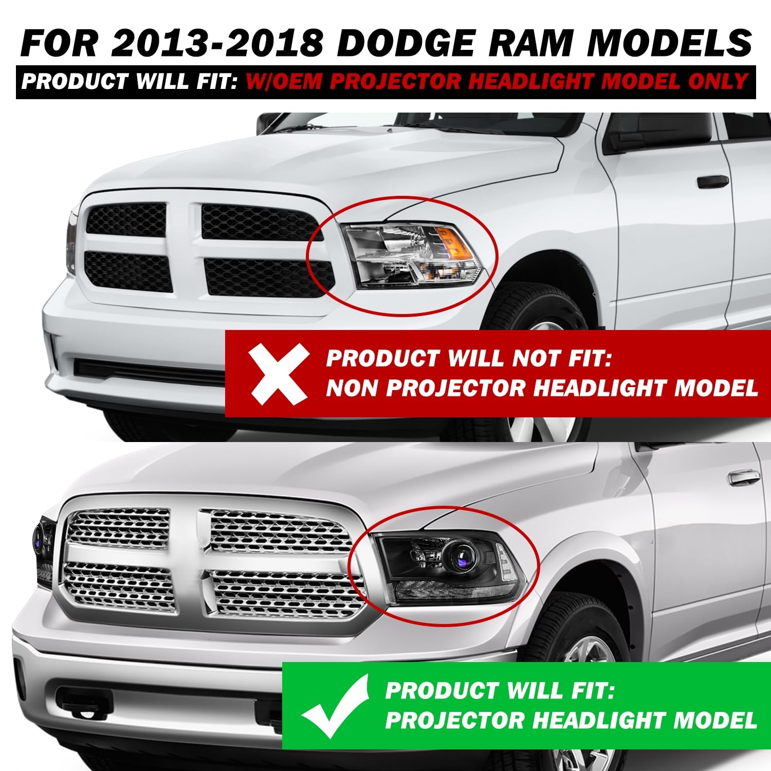 JSBOYAT-For OE Projector Style Model 2013-2018 Dodge Ram 1500 2500 3500 Headlights with LED DRL Headlamps Driver and Passenger Side Black Housing with Clear Reflector