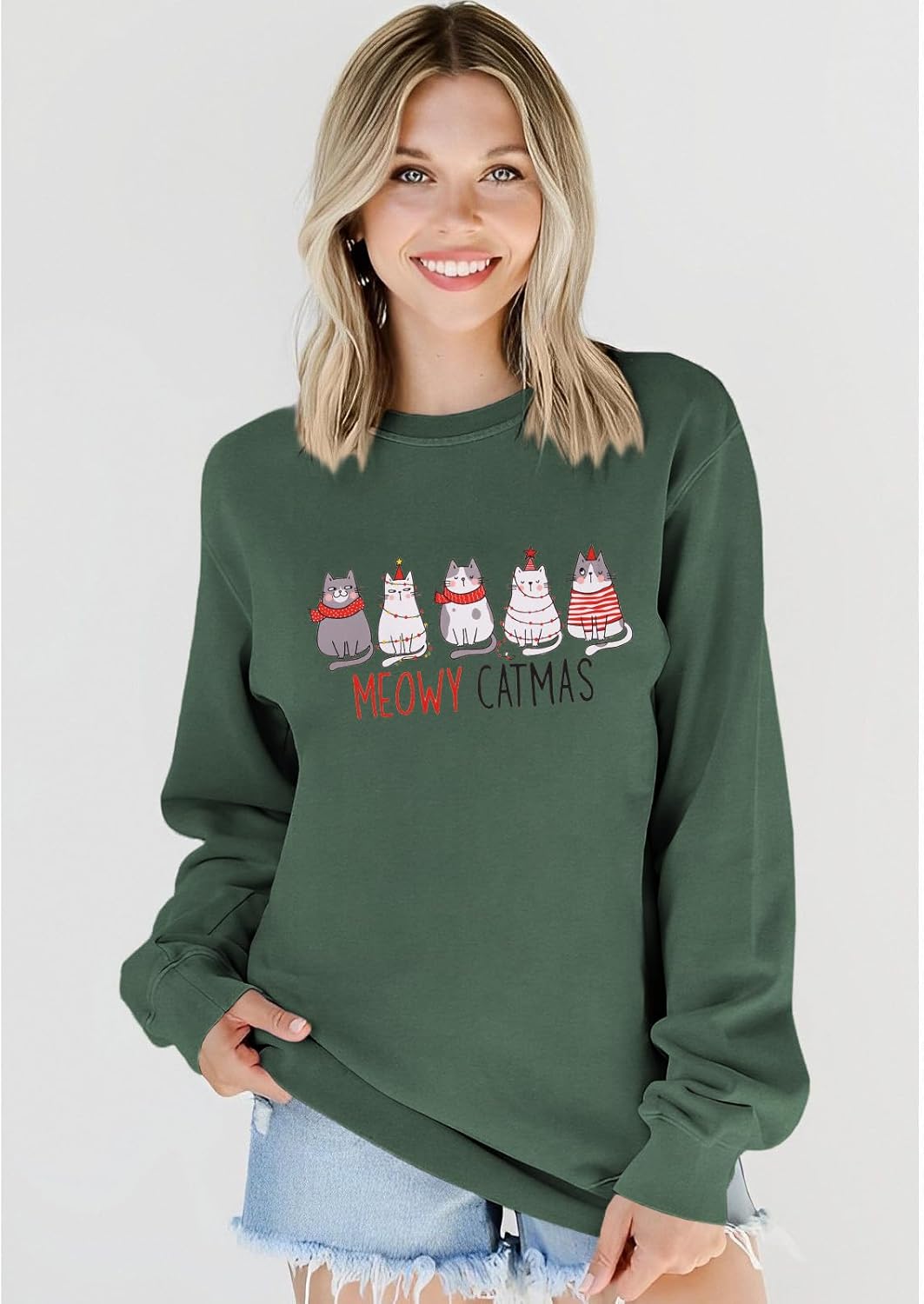 Women Christmas Meowy Catmas Sweatshirt Cute Xmas Cats Graphic Crewneck Sweater Long Sleeve Oversized Pullover Tops - Image 2
