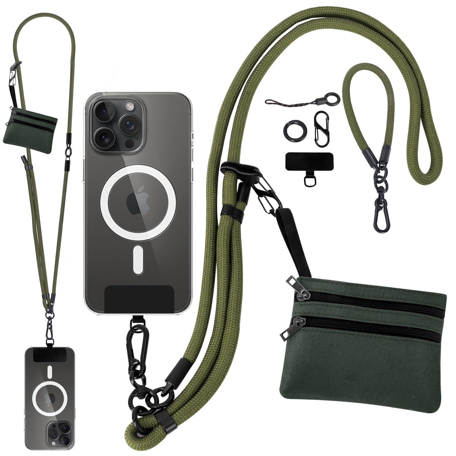 Newlibery Unisex Army Green Adjustable Universal Phone Lanyard With Wallet, Crossbody & Wrist Straps, Compatible With Iphone & Android (Army Green)