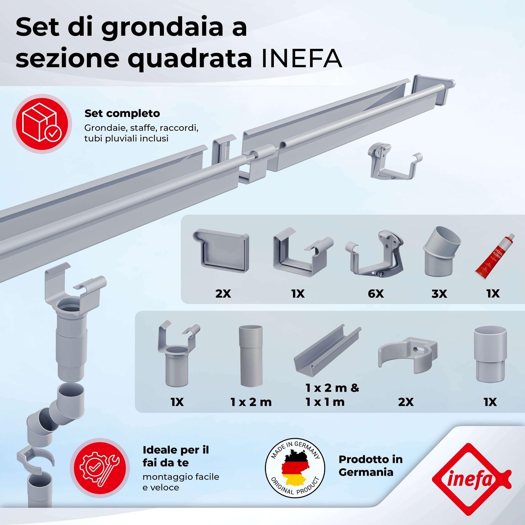 INEFA set grondaia in plastica NW68 / 68 mm – grondaia a cassetta 3 m marrone scuro – grondaia con set pluviale PVC-U per casetta da giardino