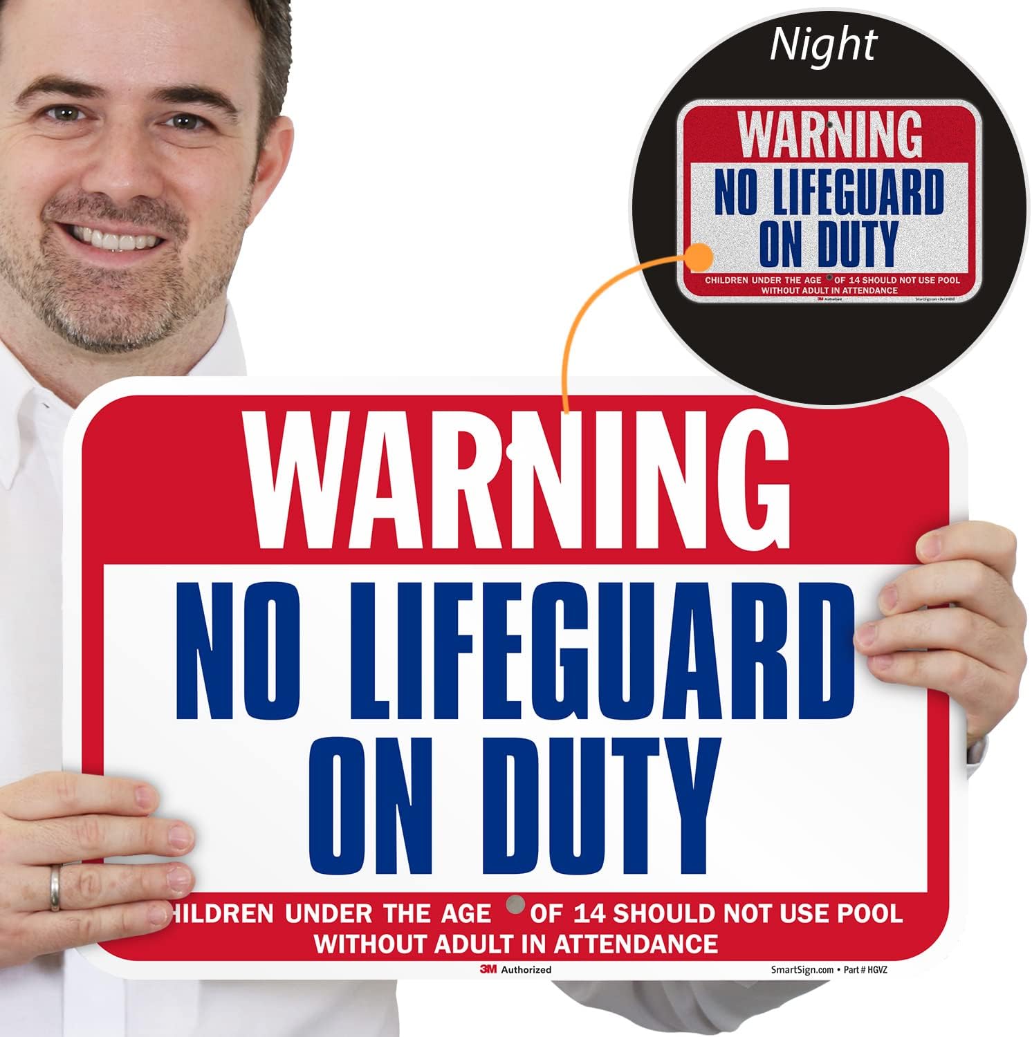 SmartSign 12" x 18" 'Warning - No Lifeguard On Duty, Children Should Not Use Pool Without Adult Attendance' Metal Sign, 63 mil Aluminum, 3M Laminated EG Reflective, Blue/White/Red, USA-Made