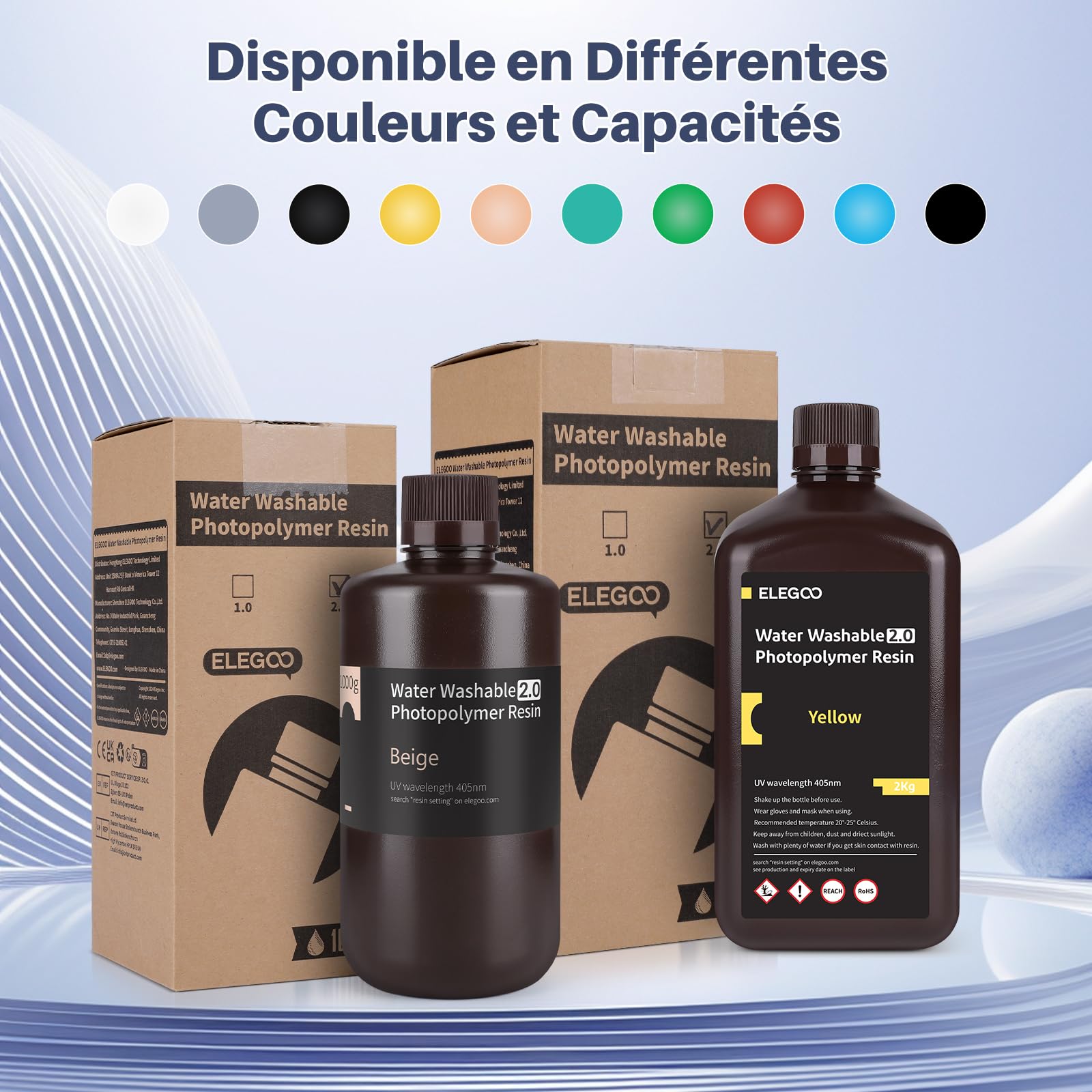 ELEGOO Résine Lavable à l'eau V2.0 pour Imprimante 3D LCD UV 405nm Résine Photopolymère, Gris Céramique 1000G