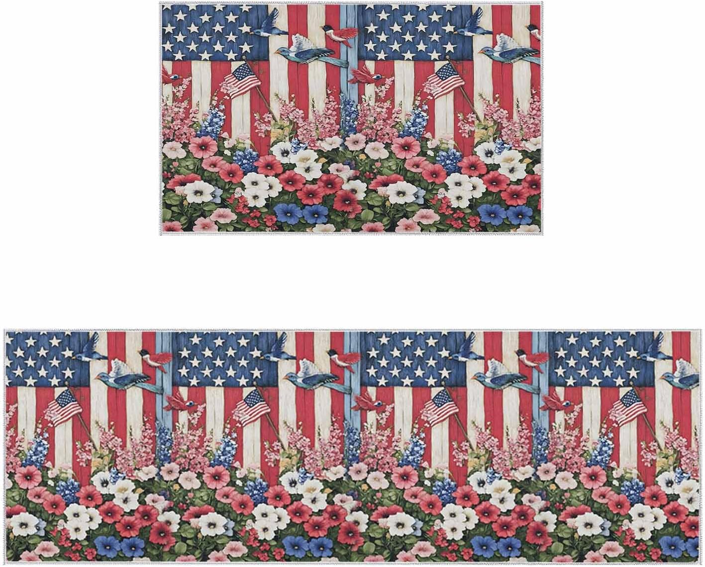 2 Pieces Kitchen Rugs and Mats,4th of July Patriotic Flower Bird Area Runner Rug Set Non Slip Floor Doormat Washable Carpet Standing Mat for Kitchen Sink Indoor Corridor,USA Flag Wood Texture