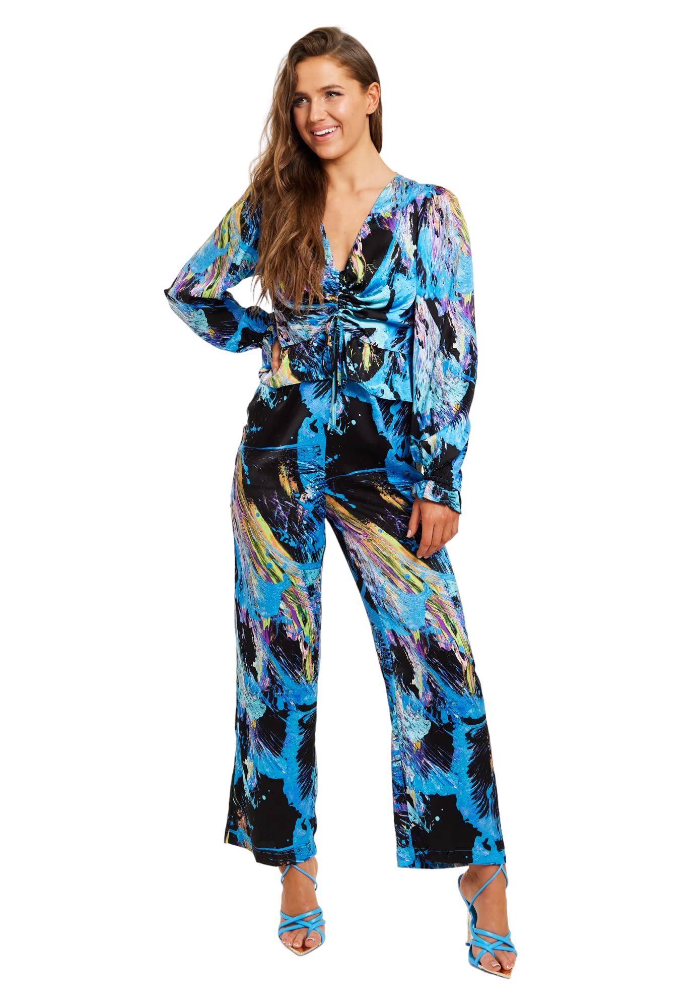 Liquorish Women's Multicolour Abstract Print Jumpsuit with Ruched Front and Long Sleeves Playsuits, 12