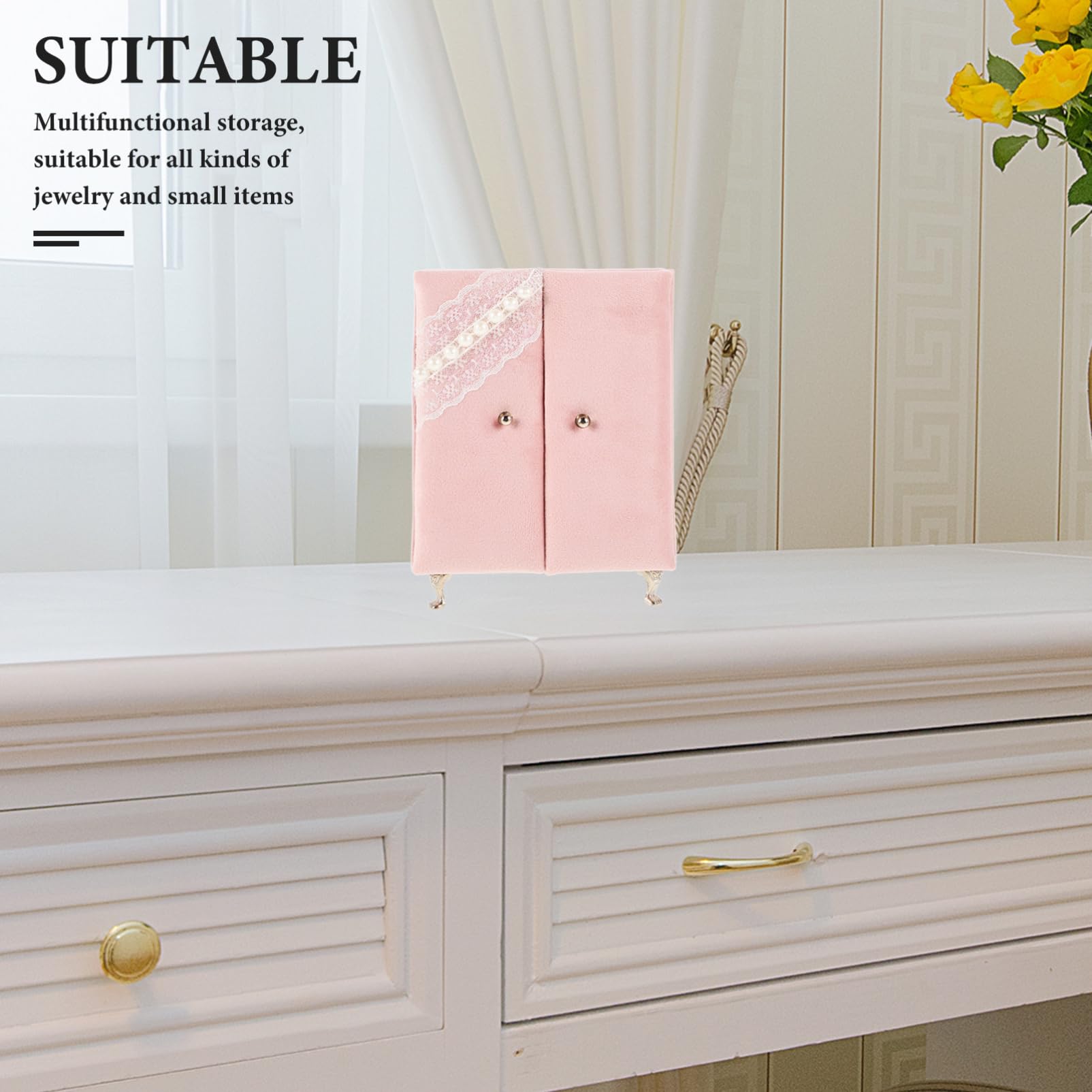 Beaupretty Almacenamiento de Cajas de Joyería Joyero con Encaje de Perlas Artificiales Caja de Joyería Pequeña con Forma de Mueble Armario con Patas para Organizar Anillos Pendientes y Collar