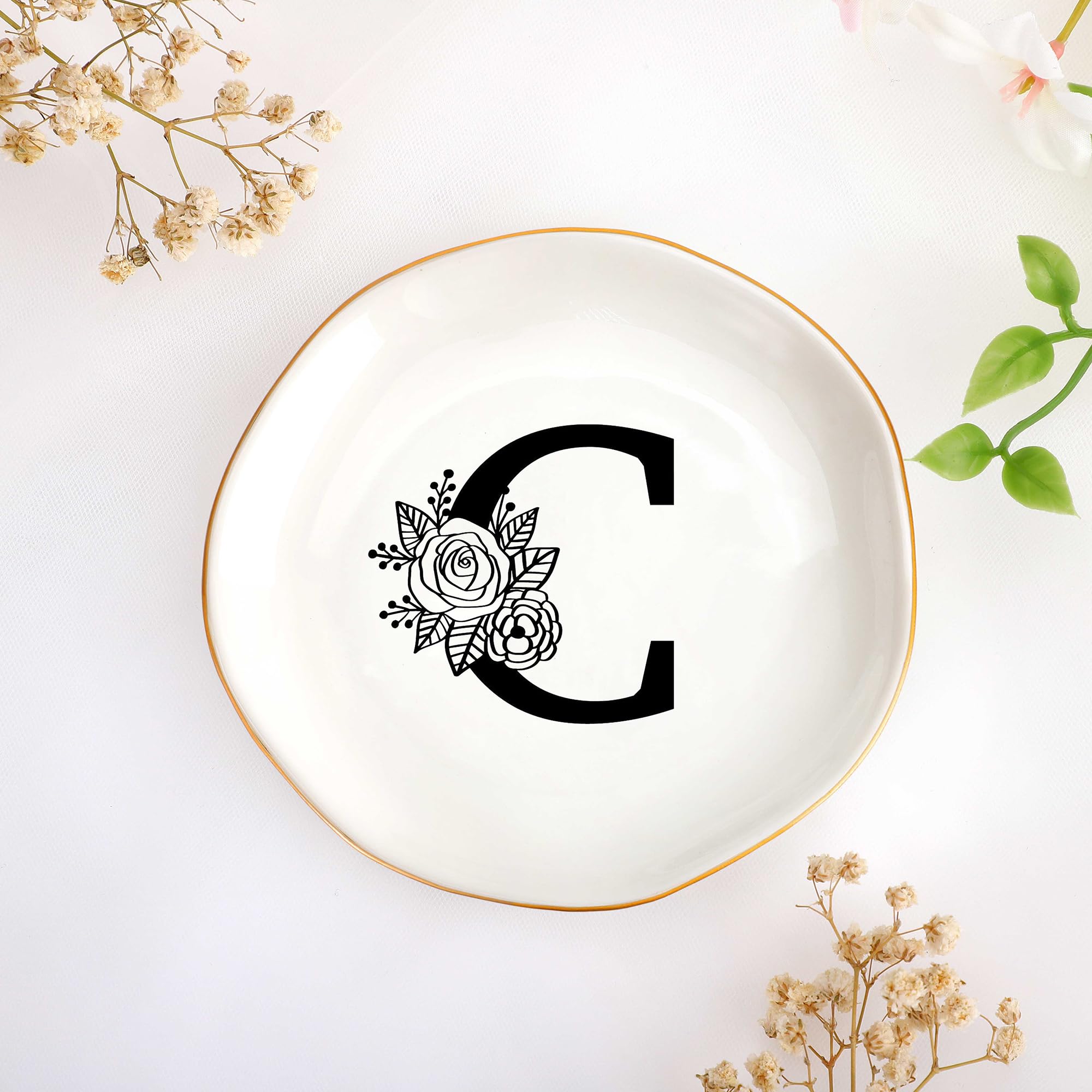 JoycuFF Initial C Ceramic Jewelry Tray, Bridesmaid Bride Gifts, Mothers Day Christmas Anniversary Engagement Birthday Gifts for Women Couples, Trinket Dish for Rings Earrings Necklaces Bracelets Keys