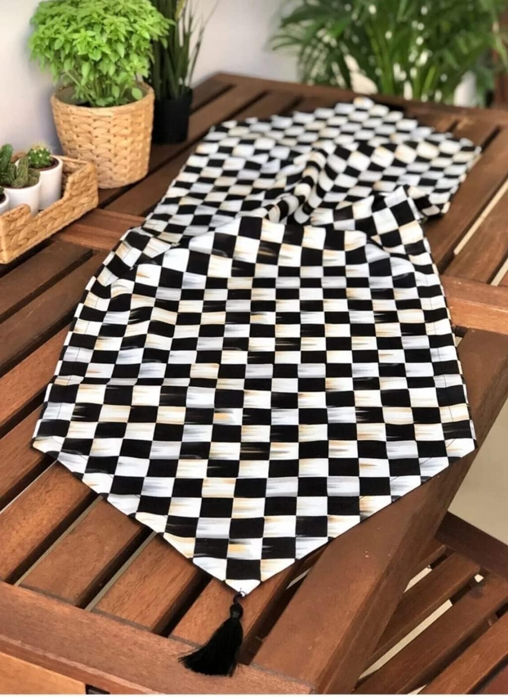 Elegant Checkers Table Runner - 16x70 Inch with Tassels, Jacquard Fabric for Indoor & Outdoor Dining Table Decorations