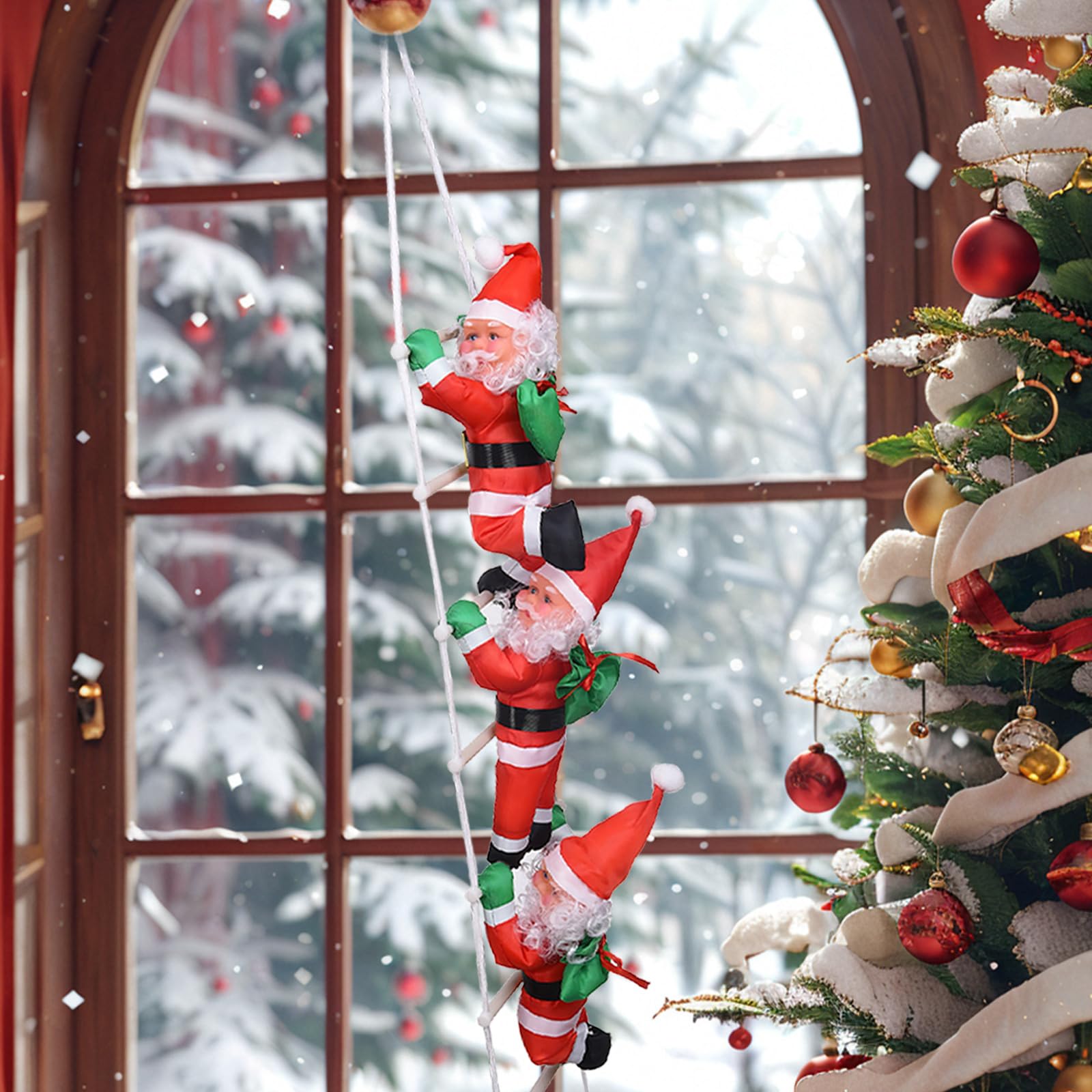 Christmas Ladder Santa Claus Ornament, 39.5 x4.7 inch Climbing Santa with Rope, Non-woven Fabric Hanging Decor for Home Fireplace Xmas Tree, Indoor/Outdoor Christmas Party Holiday Seasonal Supplies