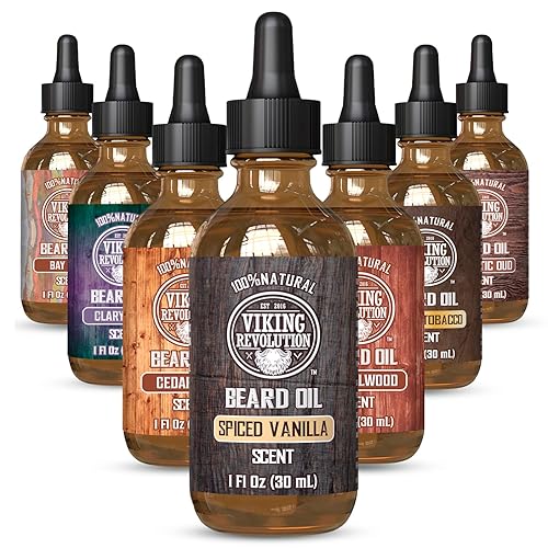Viking Revolution Aceite de barba de vainilla con especias para hombres, aceite natural para barba con argán y aceite de jojoba, suavizante de