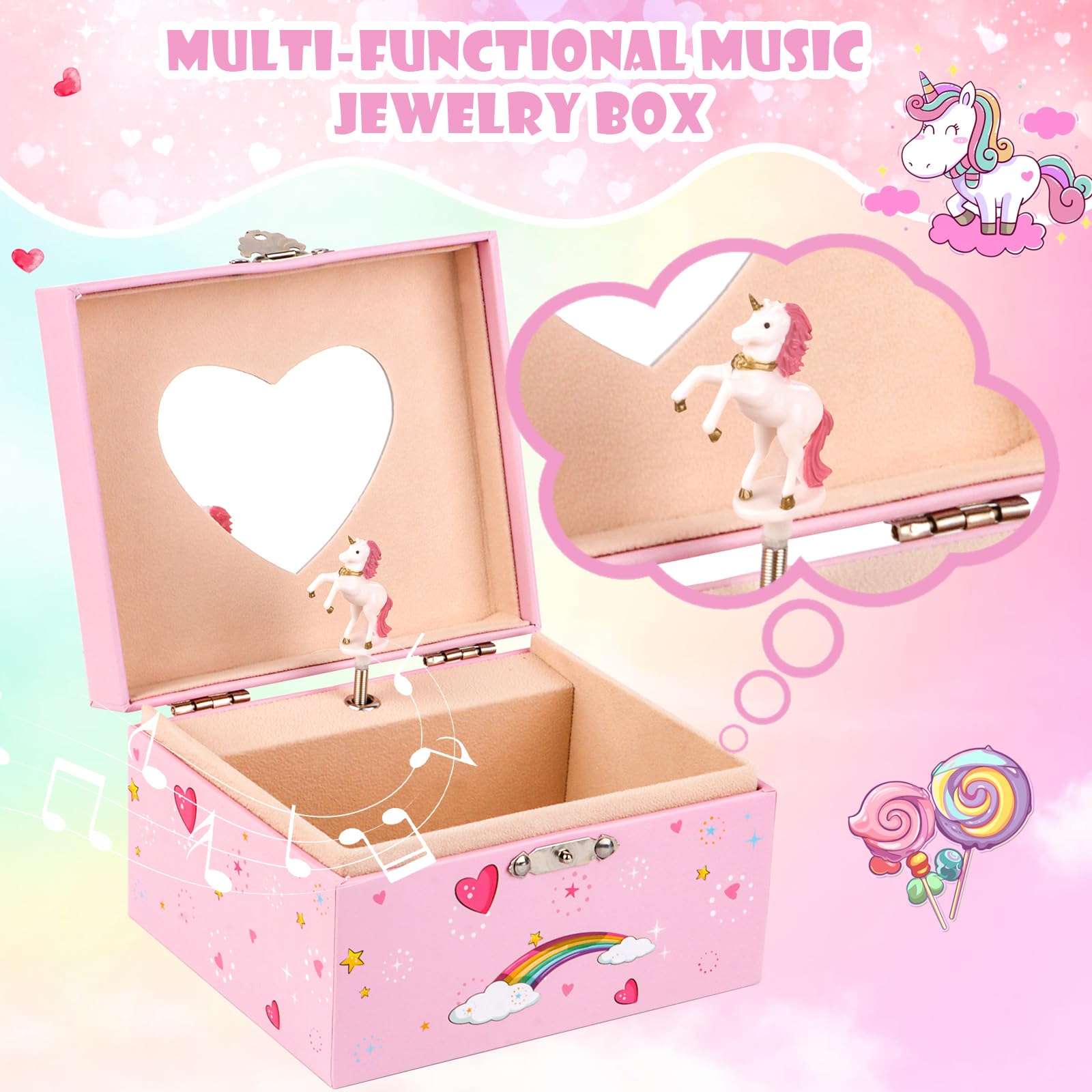 RISVOWO Joyero Musical Niña Unicornio, Cajas de Música con Unicornio Giratorio & Espejo, Joyeros Niña, Regalo 2 3 4 5 6 7 8 9 8 Años